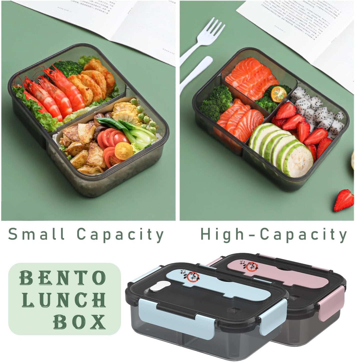 Caja Bento para adultos, loncheras de 3 compartimentos, caja Bento de 50.7 fl oz con cuchara y tenedor, a prueba de fugas, gruesa, duradera para