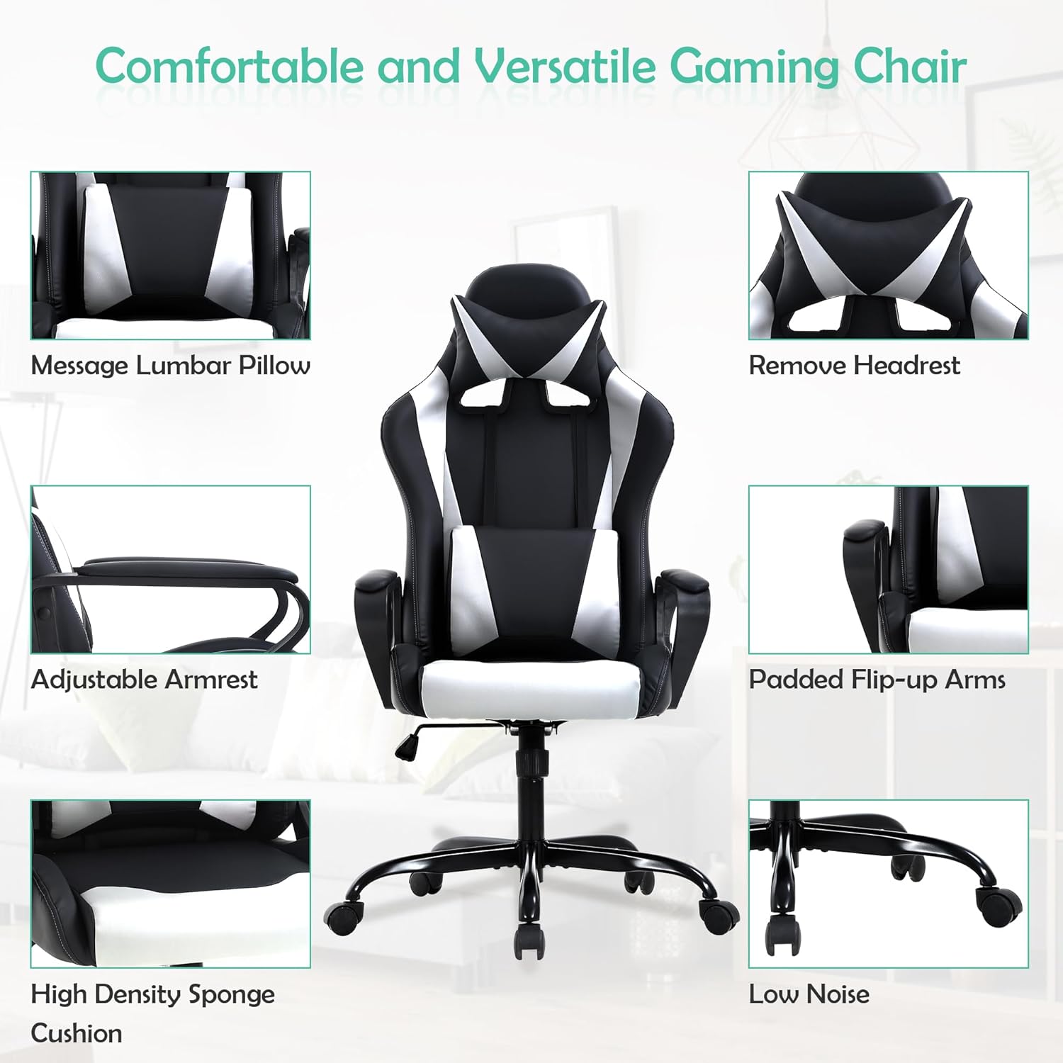 Silla para videojuegos, silla de videojuegos, silla de juegos de computadora barata, silla de juegos de piel sintética, respaldo alto, silla