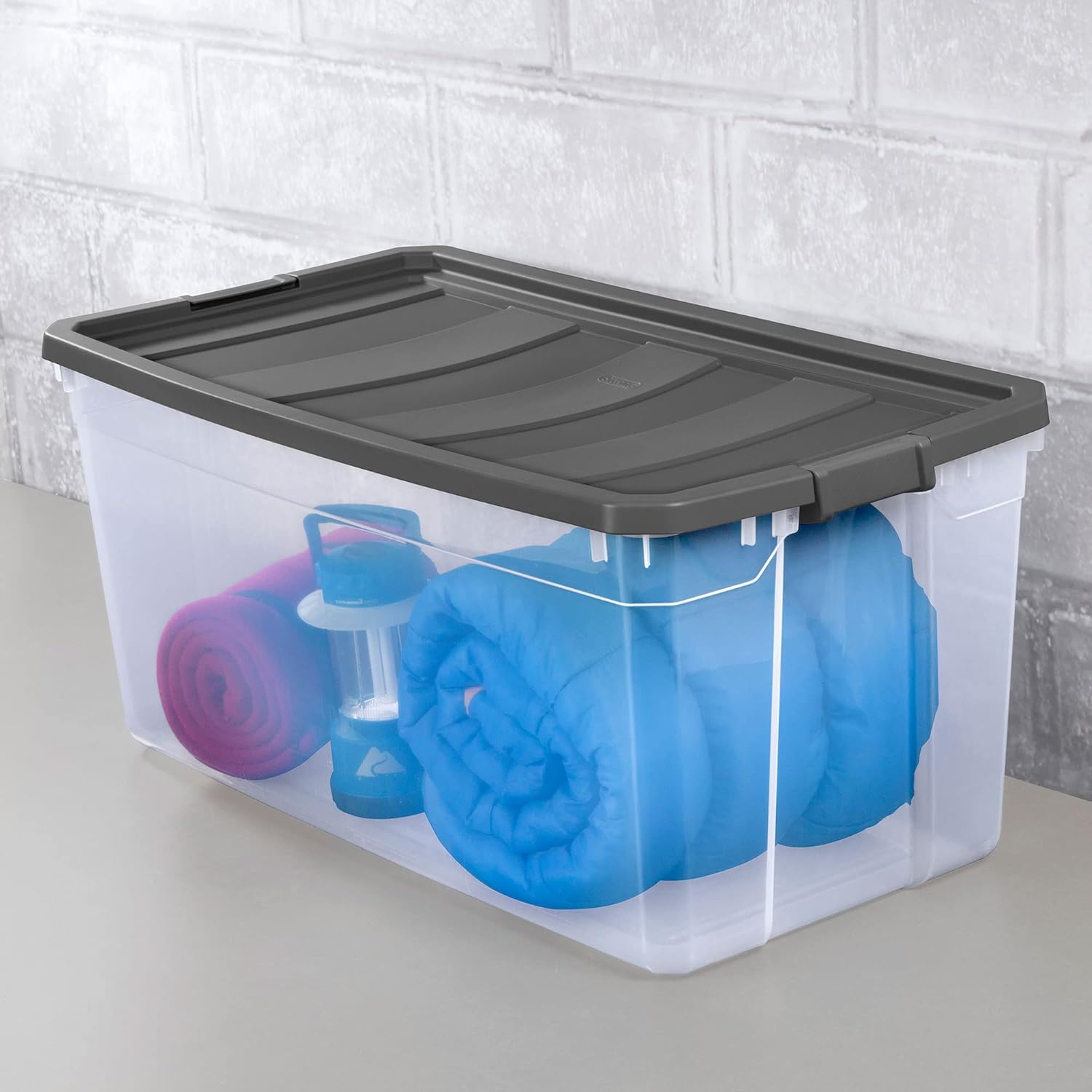 Sterilite Contenedor modular de plástico transparente de 200 cuartos de galón con tapa de pestillo, base transparente y superficie texturizada de