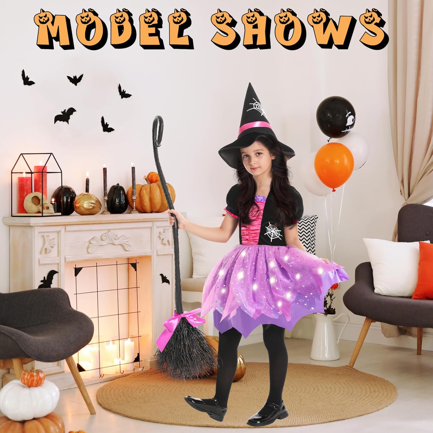 Escoba de bruja de Halloween con cintas para niños, mago volador malvado, escoba para adultos para fiesta de cosplay, decoraciones de bruja