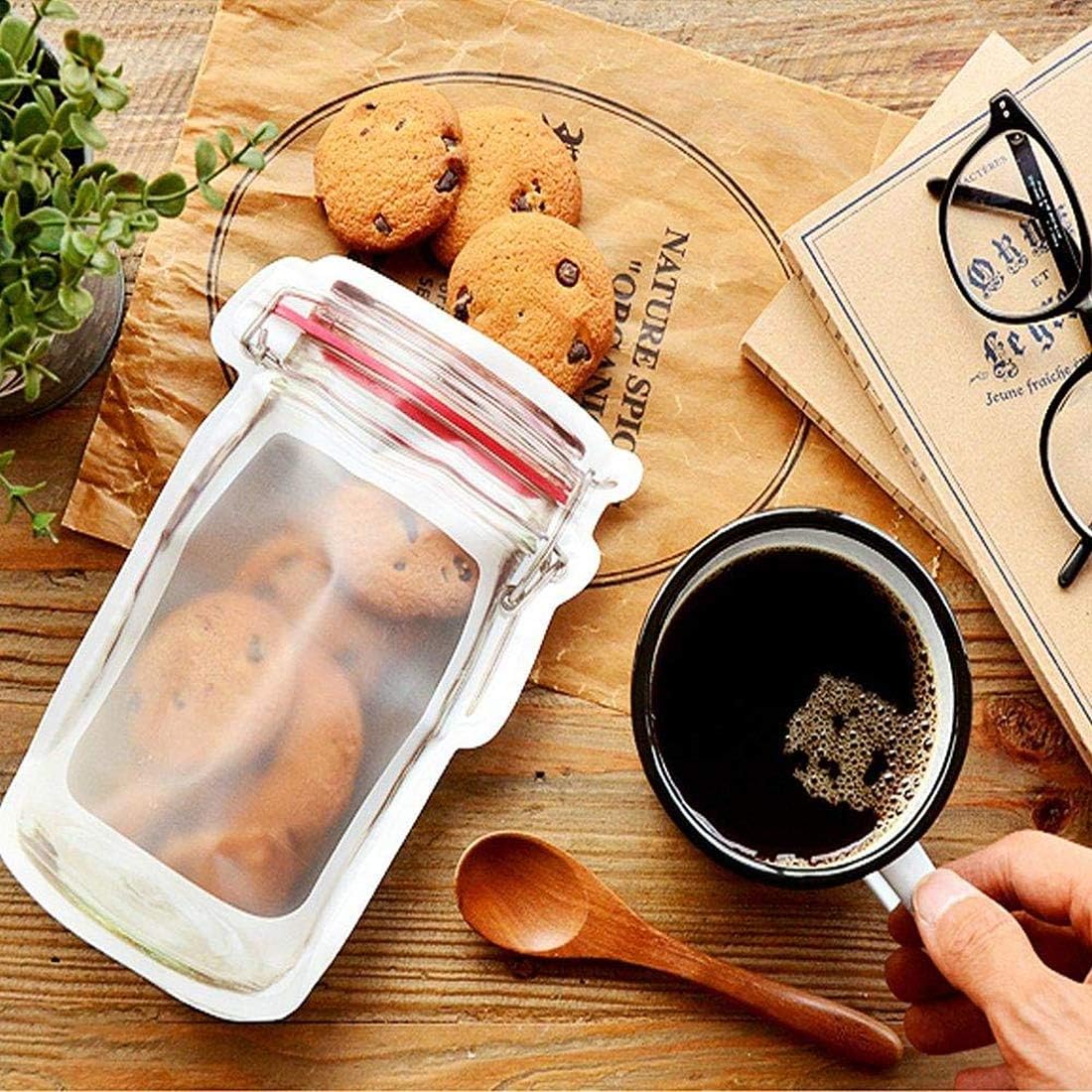 60 bolsas de almacenamiento de 3 colores mixtos para ahorro de alimentos, con patrón de tarro de masón, reutilizables, portátiles, con cremallera,