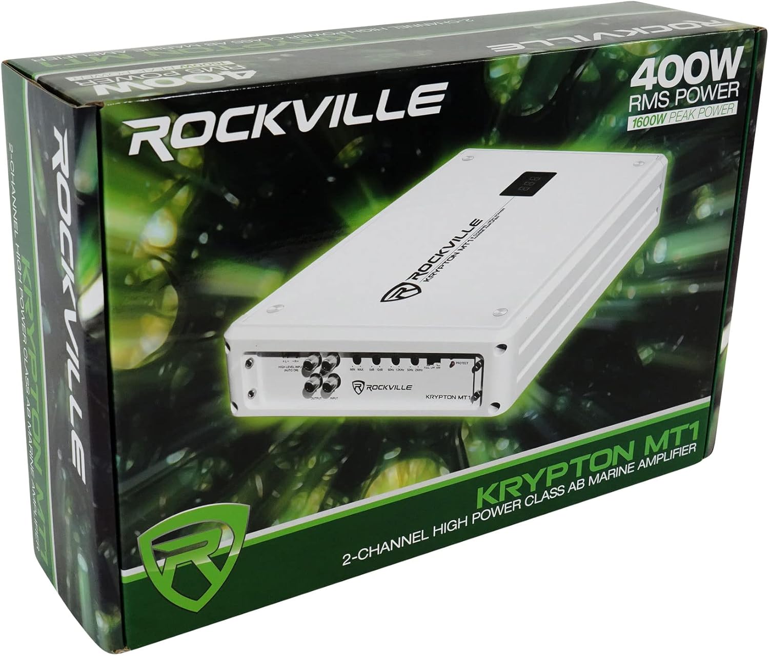Rockville Krypton MT1 1600w Amplificador de 2 canales marinobarco con medidor de voltios