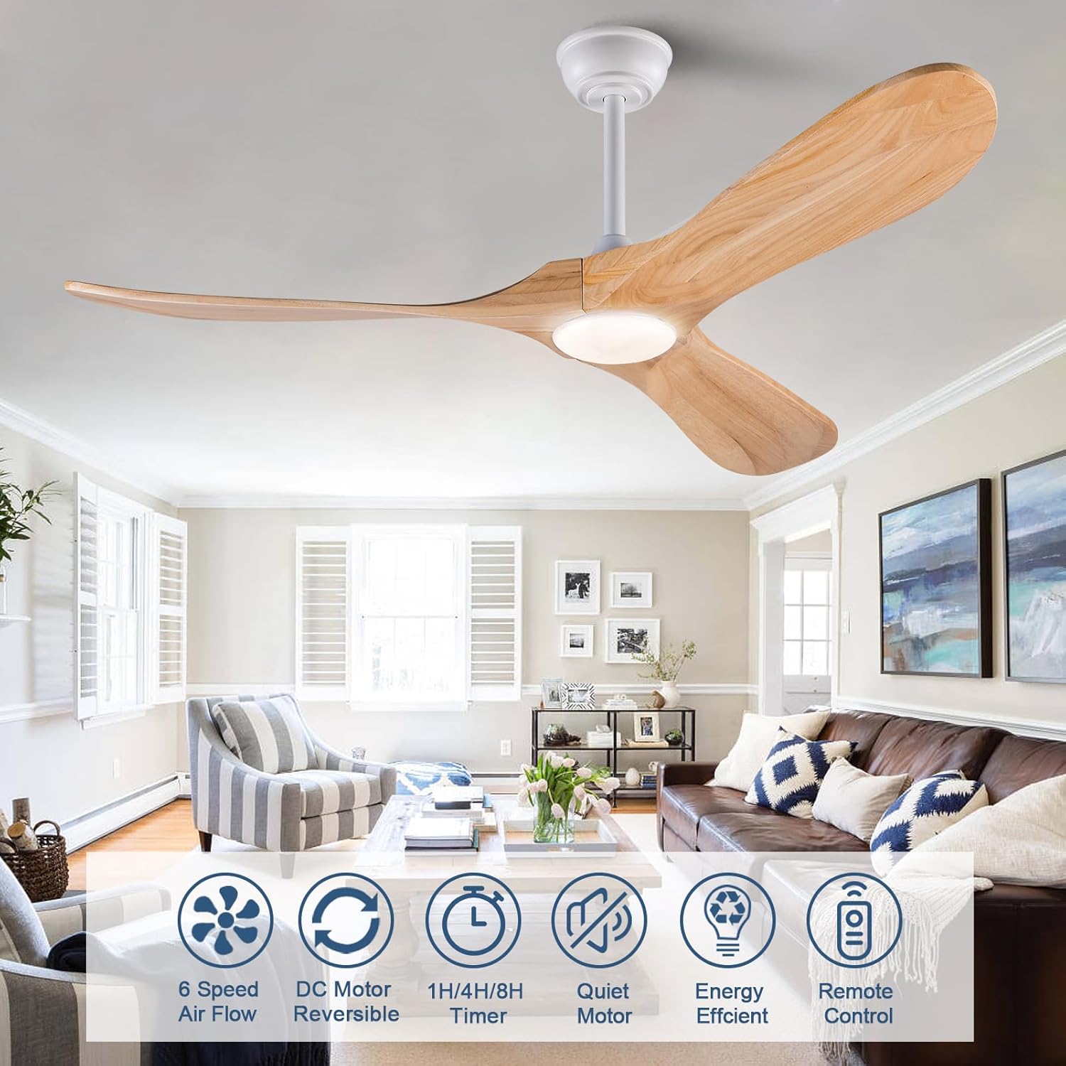 BOOMJOY Ventilador de techo de madera de 52 pulgadas con control remoto de luces, 3 temperaturas de color y cuchillas reversibles de 6 velocidades,