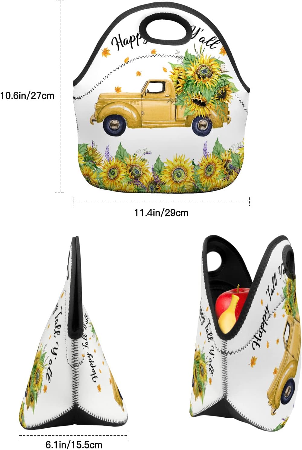 Gsypo Reusable Neoprene Lunch Bag, Happy Fall Y’all Sunflower on Farm Truck Autumn Leaf Soft Thermal Meal Tote, Lightweight Washable Insulated Lunch
