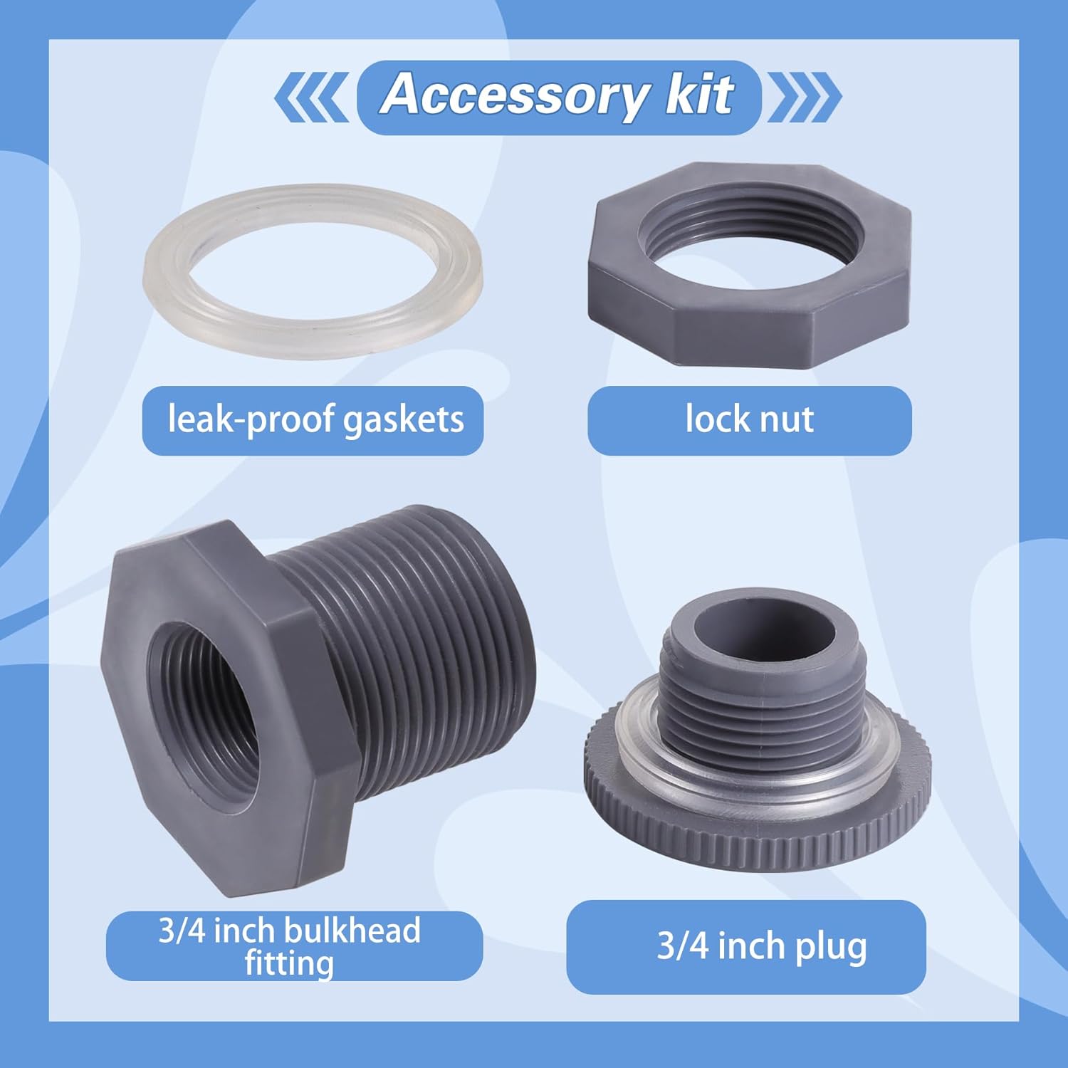 Paquete de 2 conectores de PVC hembra de 34 pulgadas con tapón y junta de sello de silicona gruesa, kit de conector de barril de lluvia