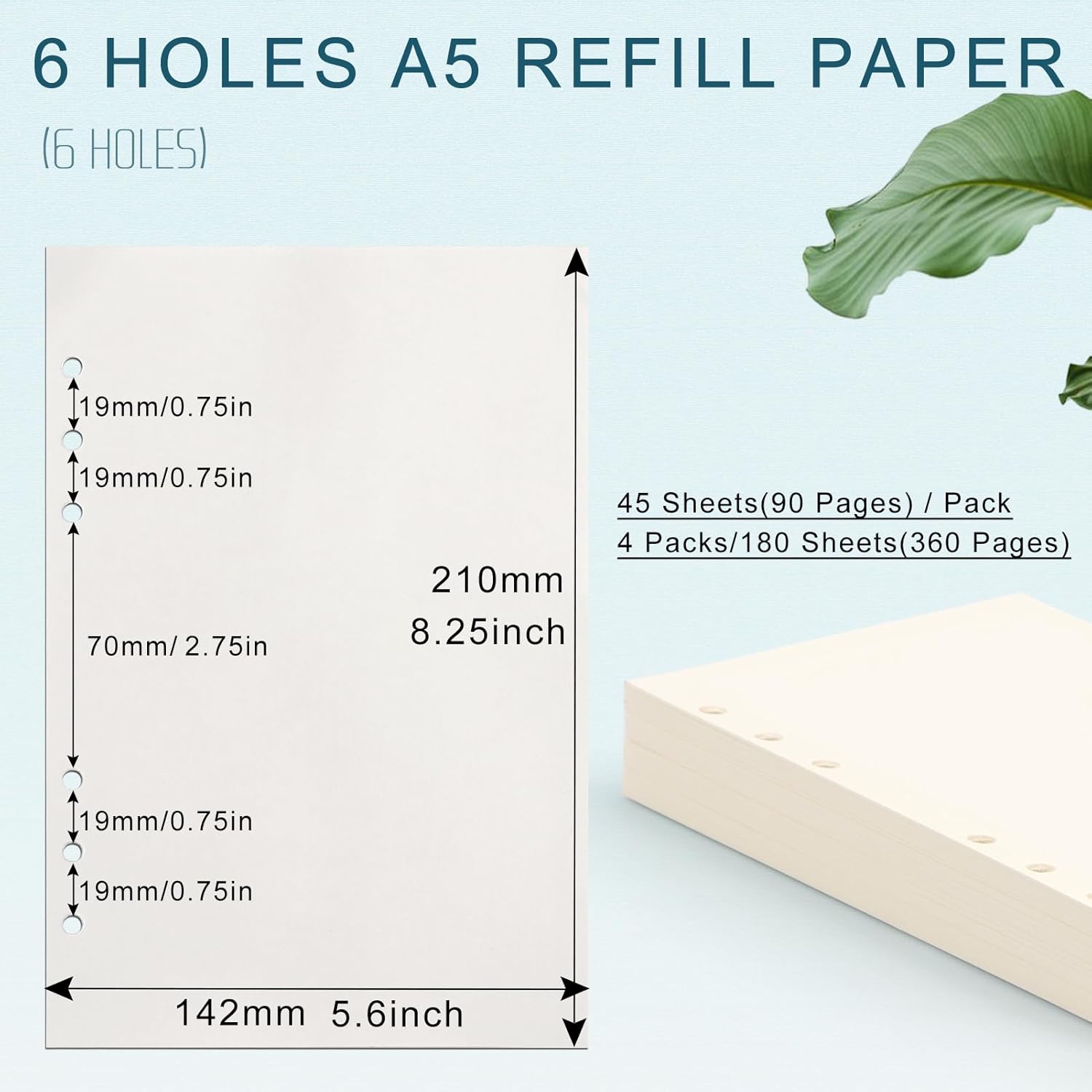 Toplive – Papel de repuesto A5, 4 unidades Toplive de 100 GSM de papel grueso recargable con 6 agujeros, hojas sueltas, 180 hojas (360 páginas) para