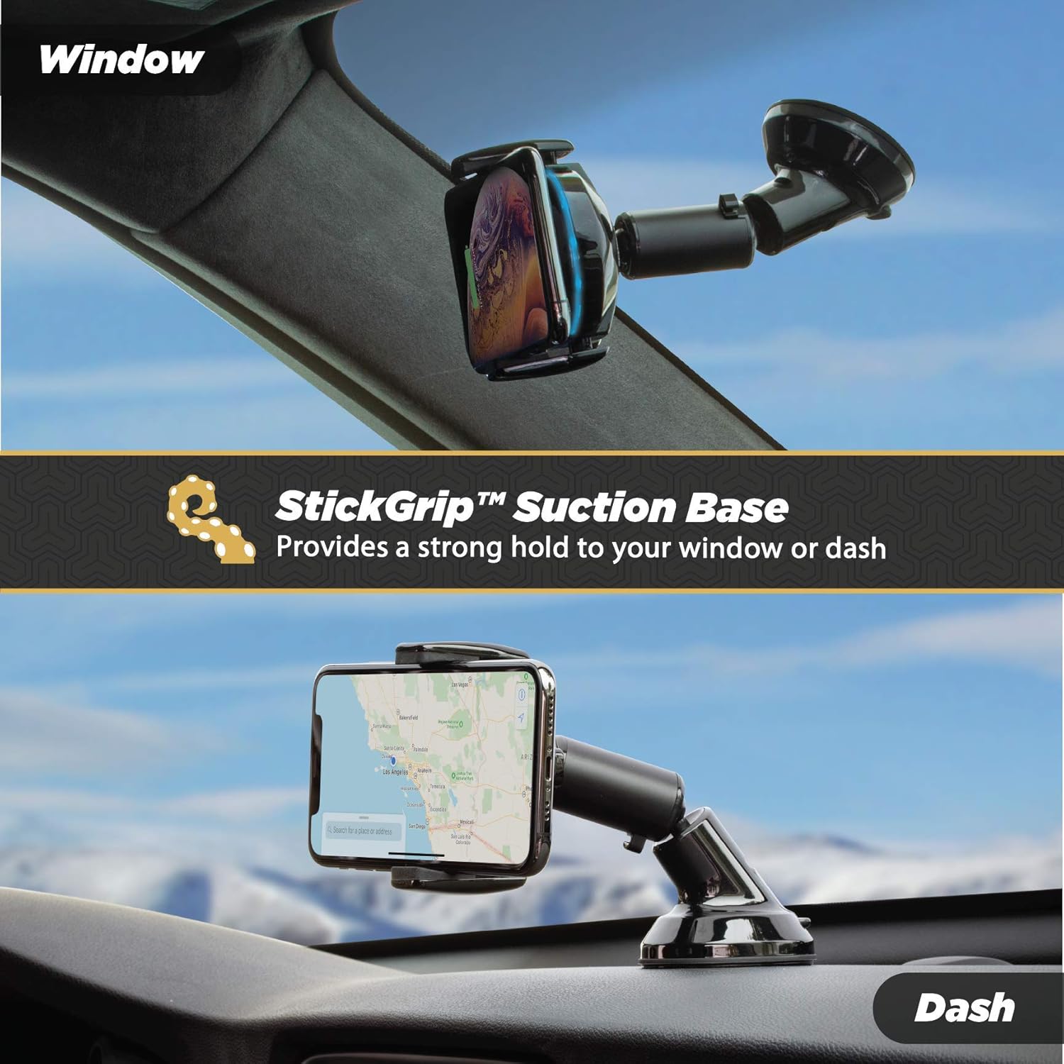 Scosche MGQWDDP-XTET MagicGrip Wireless Charging Double Pivot Windshield Dashboard Phone Mount for Car with Suction Cup, Black