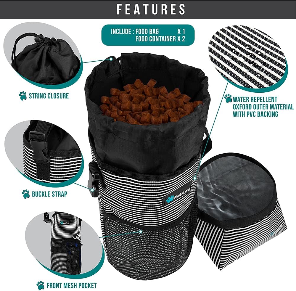 PetAmi Bolsa de viaje de comida para perros  Transportador de croquetas para perros con kit de cuencos de agua plegables para perros  Almacenamiento