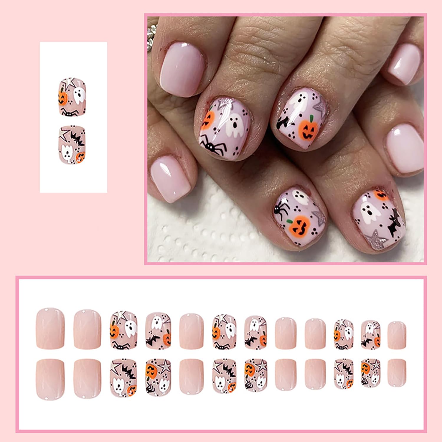 Uñas postizas a presión de Halloween de color rosa, uñas postizas cortas cuadradas de cobertura completa con diseños de murciélago, fantasma,
