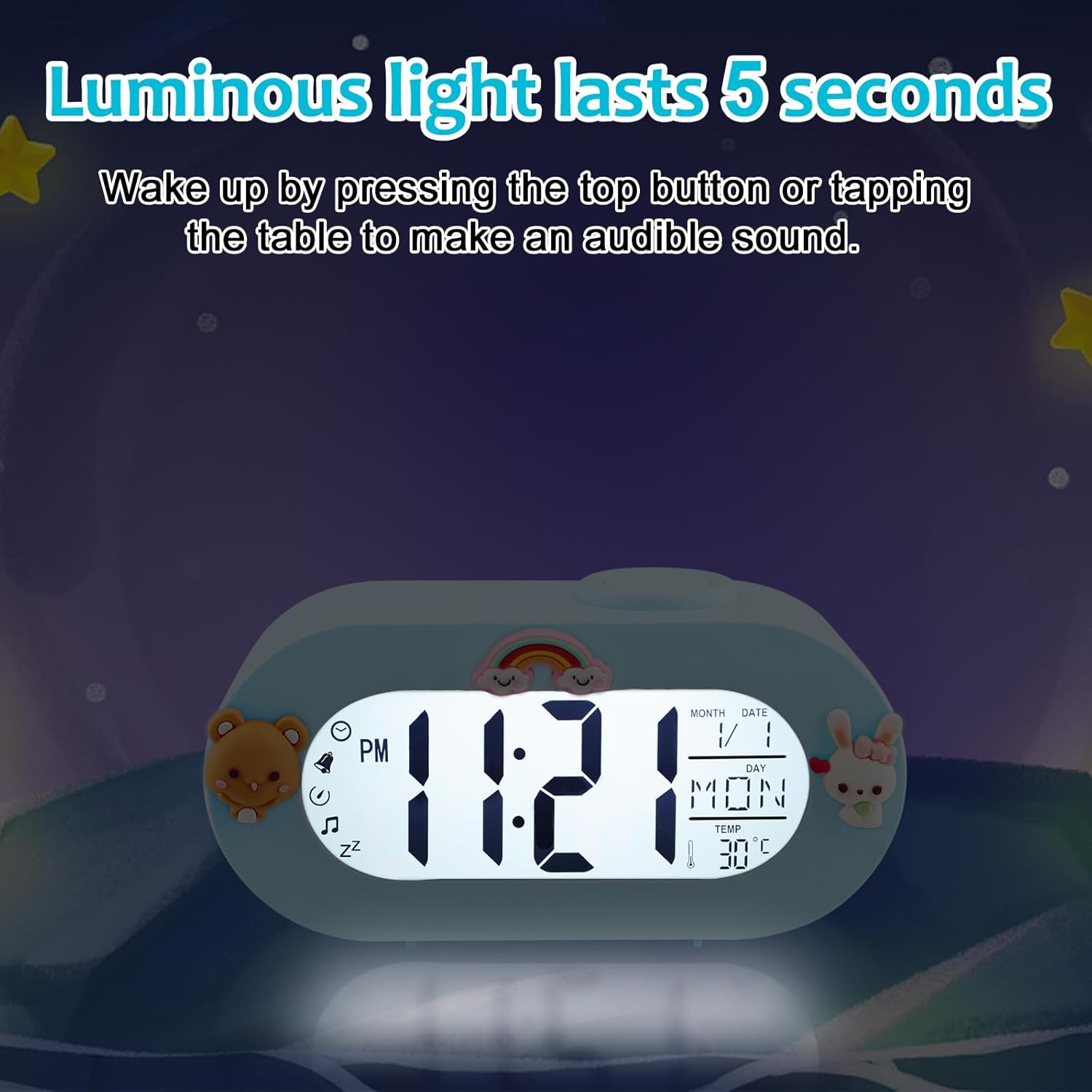 Potuopy Reloj despertador para niños, despertador digital con repetición, lámpara sónica, temporizador, 8 tonos de llamada, 1224 horas, reloj