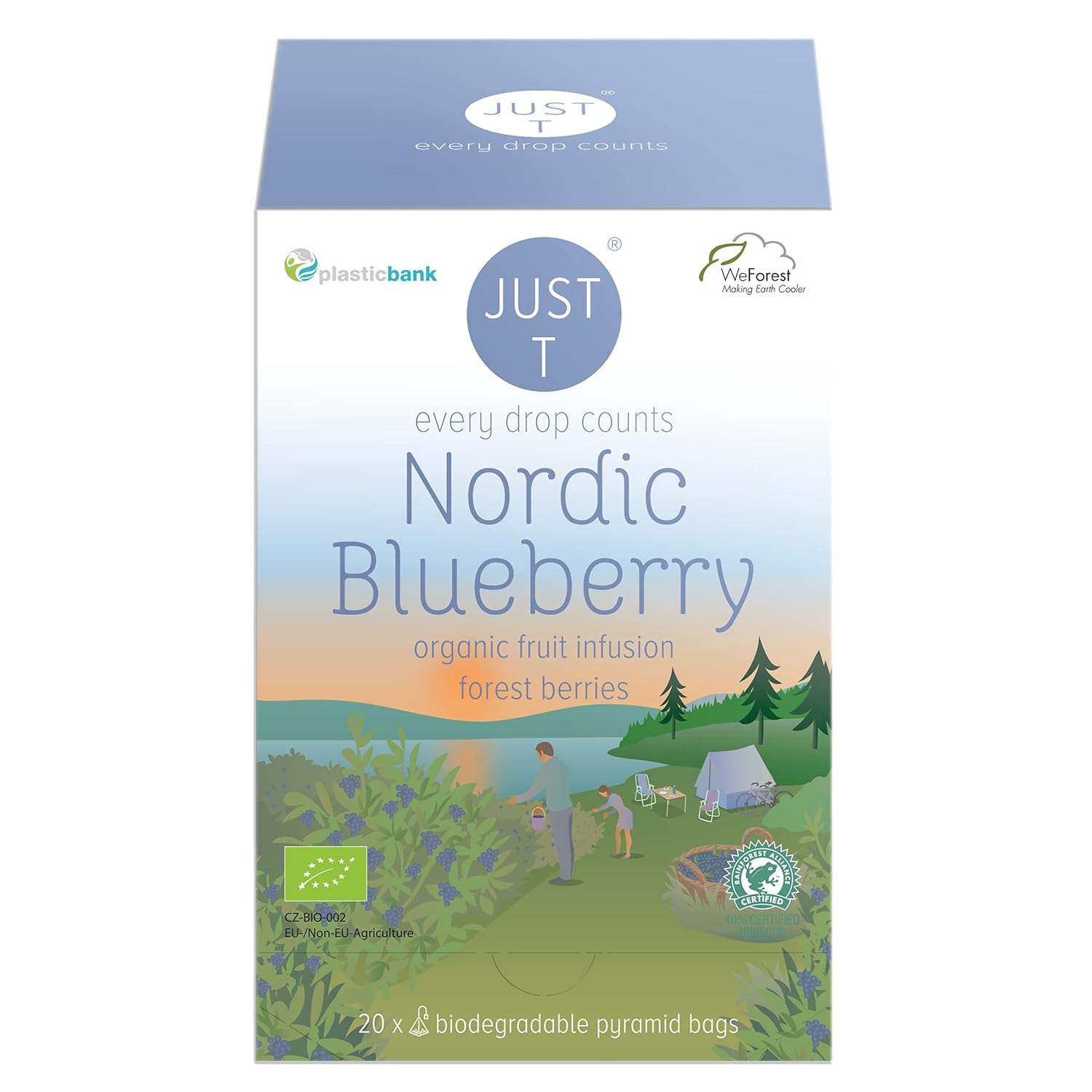 JUST T Nordic Blueberry Premium – Bolsa de té piramidal (20 piezas)  Té de frutas orgánico  Infundido con bayas del bosque  Bolsas de té orgánico