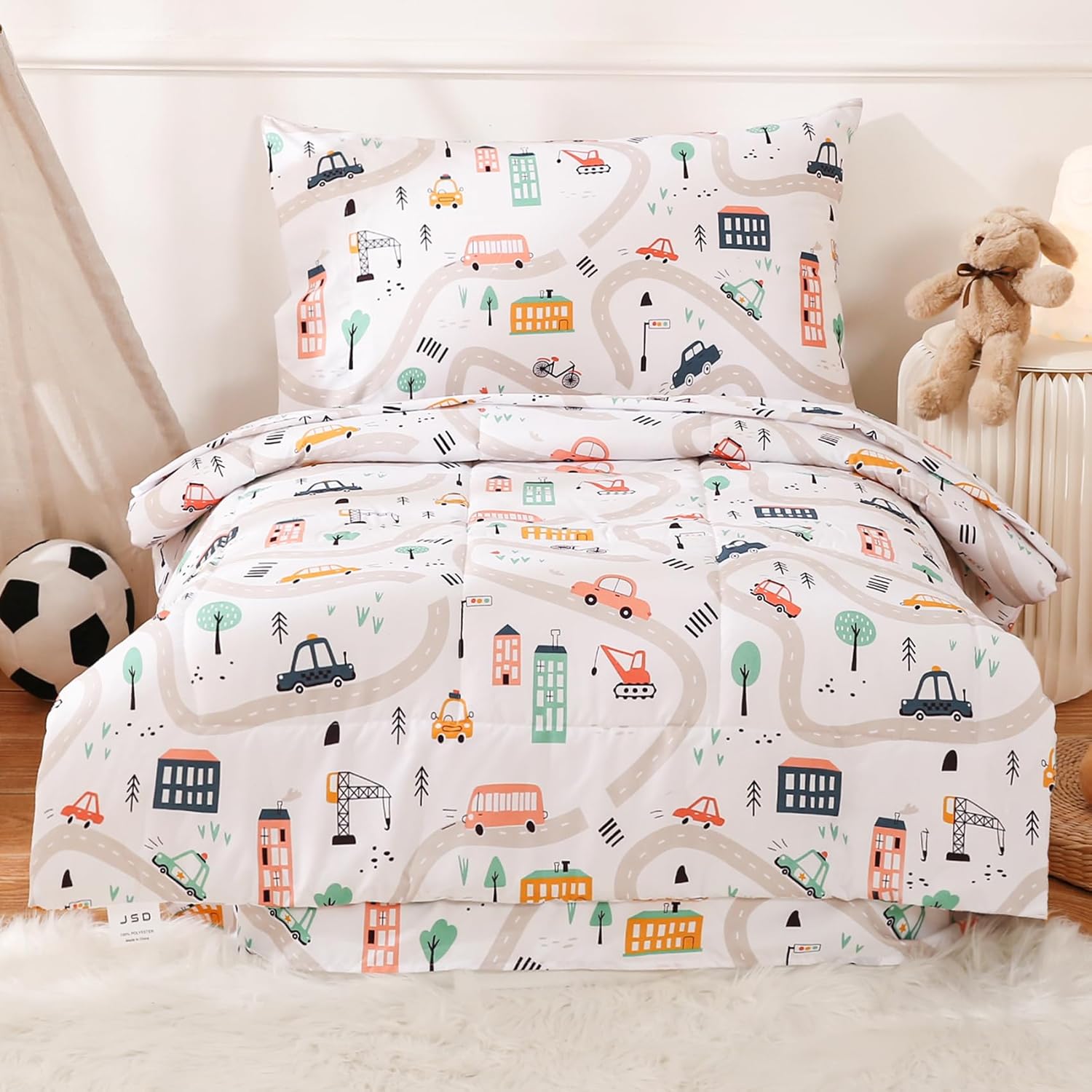 JSD Juego de ropa de cama de 4 piezas con estampado de coches para niños y niñas, incluye sábana encimera, sábana bajera, edredón acolchado y funda