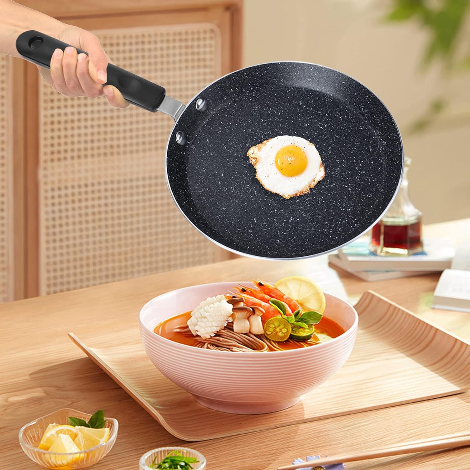 Goldmeet Sartén para tortillas, sartén antiadherente de 8 pulgadas con asa, sartén fácil de limpiar, sartén de aluminio para huevos, herramienta de