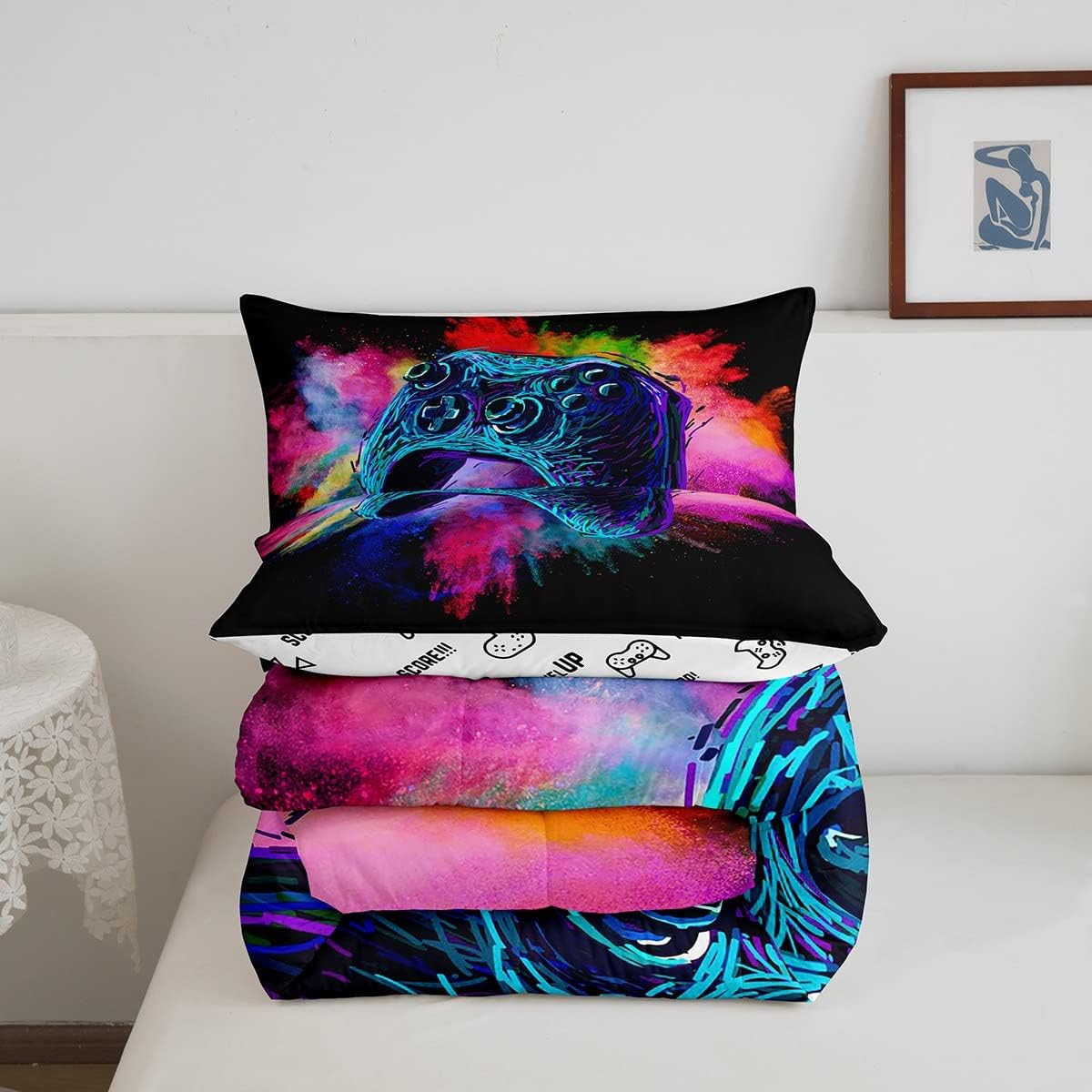 Erosebridal Juego de edredón de cama con estampado de videojuegos para niños, tamaño King, juego de ropa de cama para niños y niñas, colorido