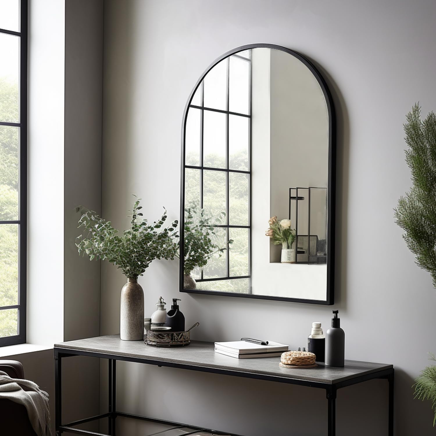 Espejo de pared arqueado, 30 x 20 pulgadas, espejo negro arco para tocador de baño, sala de estar o dormitorio, entrada, espejo de pared con arco