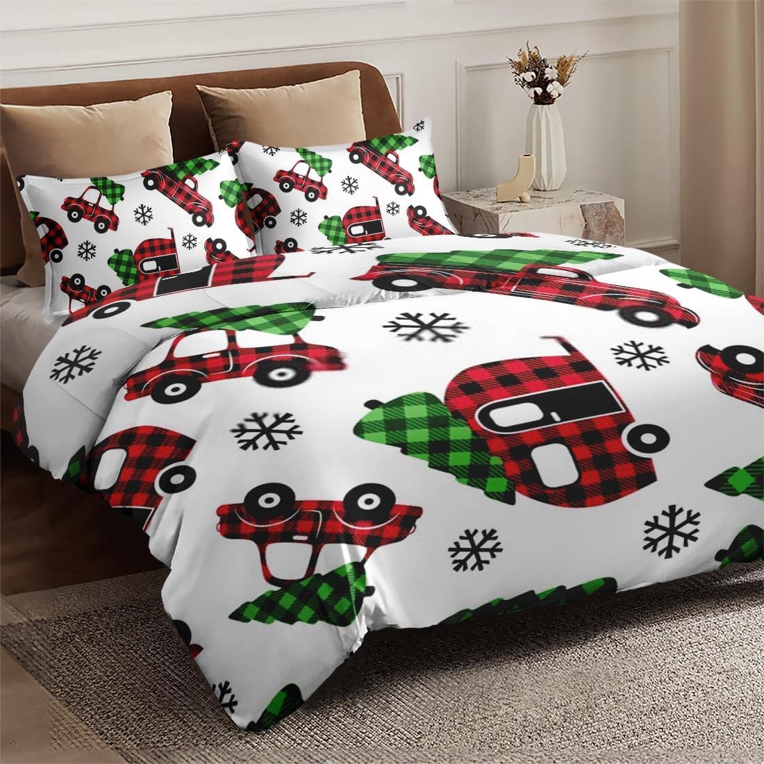 Funda de edredón tamaño Queen, juego de ropa de cama de Navidad a cuadros de búfalo rojo con cierre de cremallera para niños y adultos, funda de