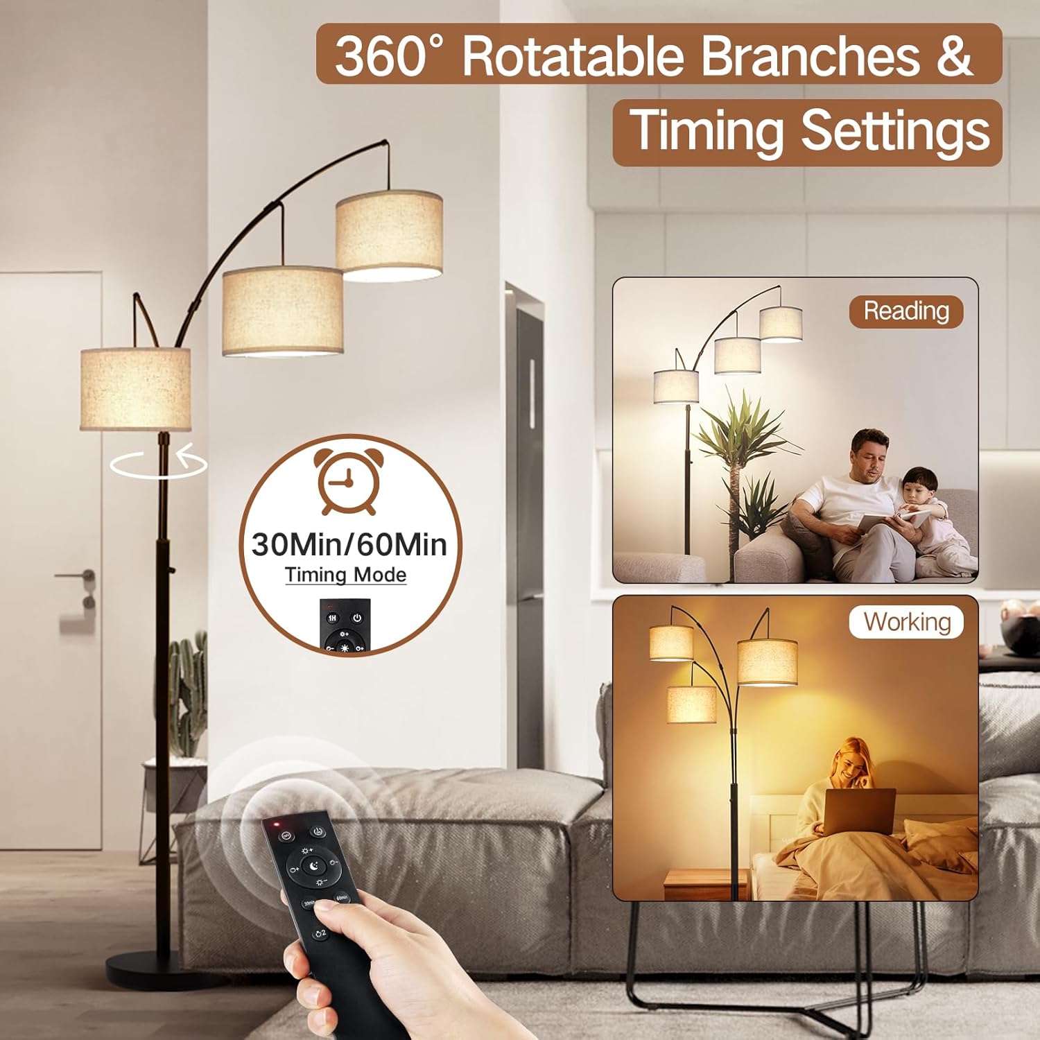 OUTON Lámpara de pie LED de arco con control remoto, regulable, moderna, de 3 luces, arqueada, alta, de mediados de siglo, para dormitorio, oficina,