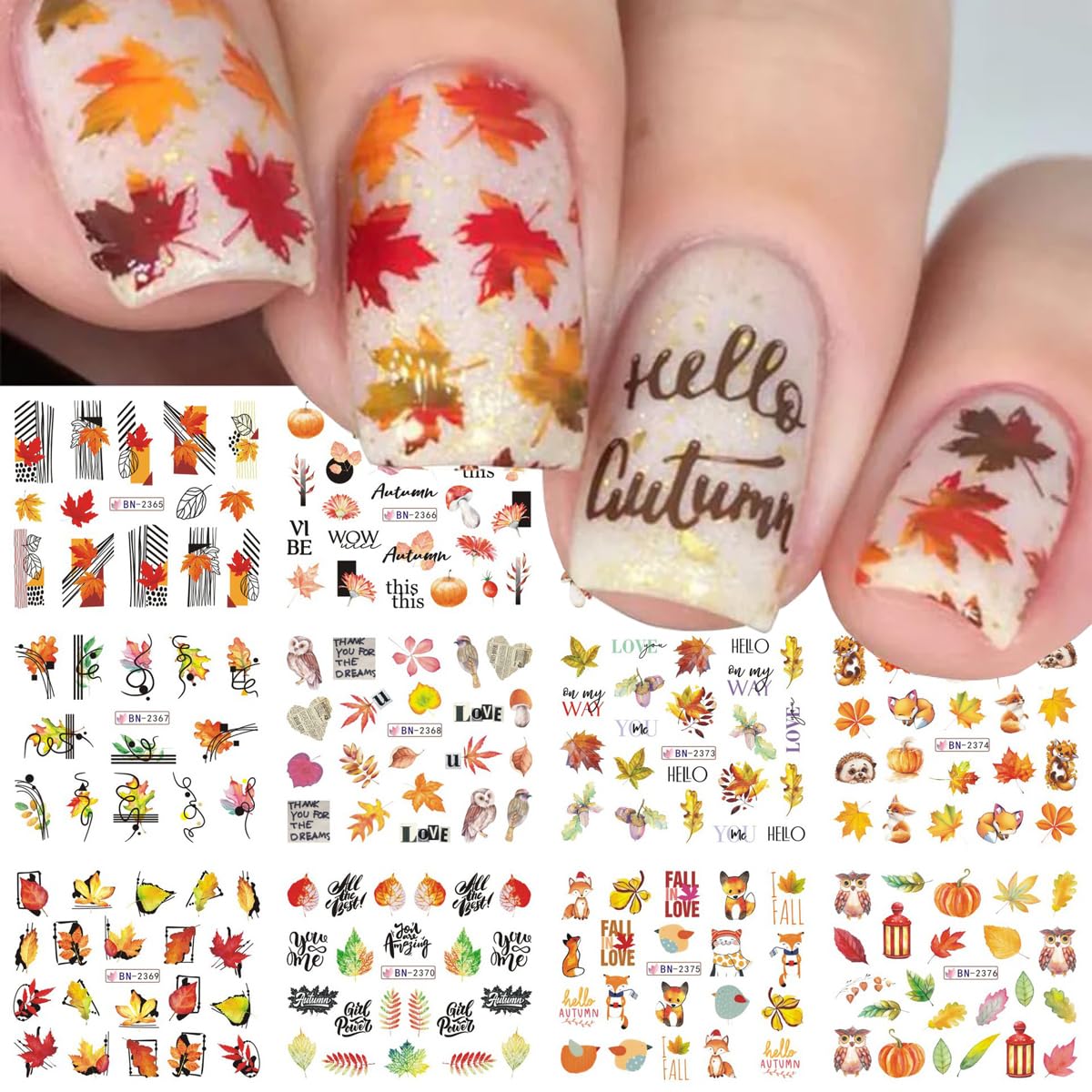 12 calcomanías de otoño para arte de uñas, hojas de arce, calcomanías de agua doradas para otoño, láminas deslizantes para hojas, geometría, búho,