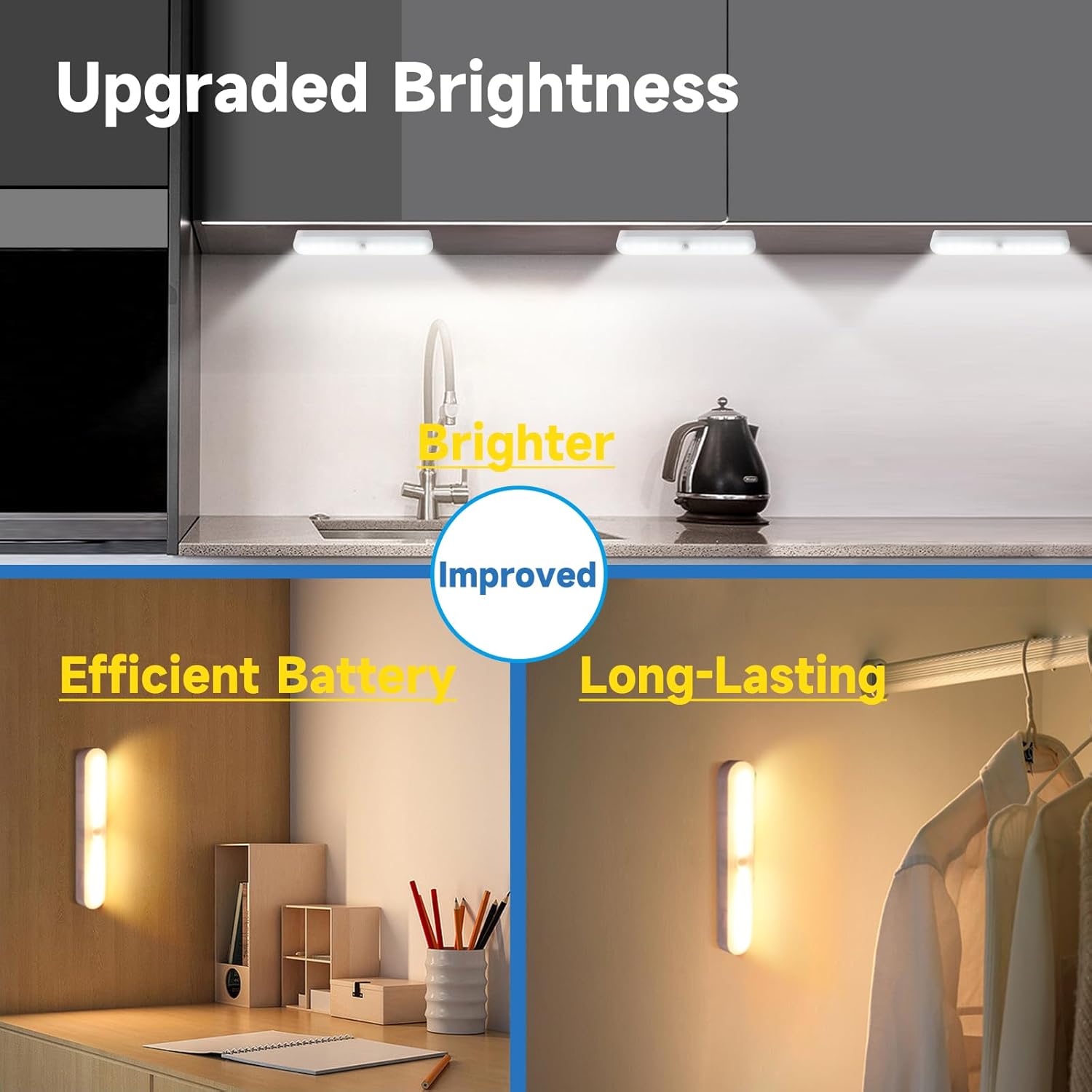 Okerich Luces LED recargables mejoradas con sensor de movimiento inalámbricas, luces de armario de larga duración con sensor de movimiento, luz con