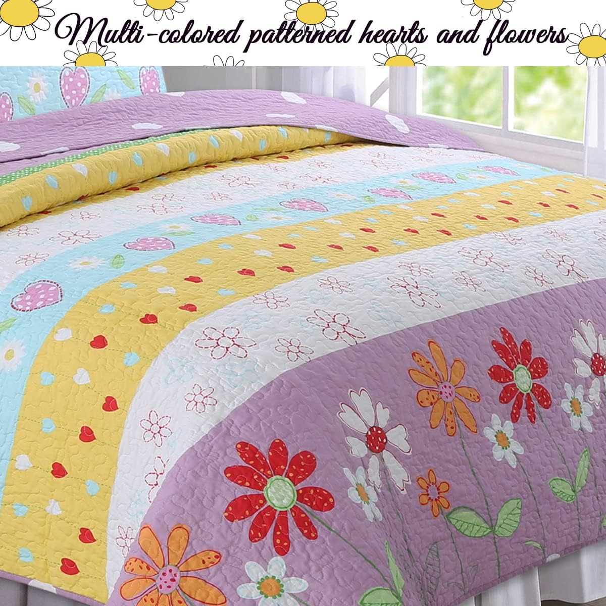 Cozy Line Home Fashions Playful Girl Fun Heart Floral Kids Juego de ropa de cama reversible de poliéster a rayas de 3 piezas, multicolor, morado,