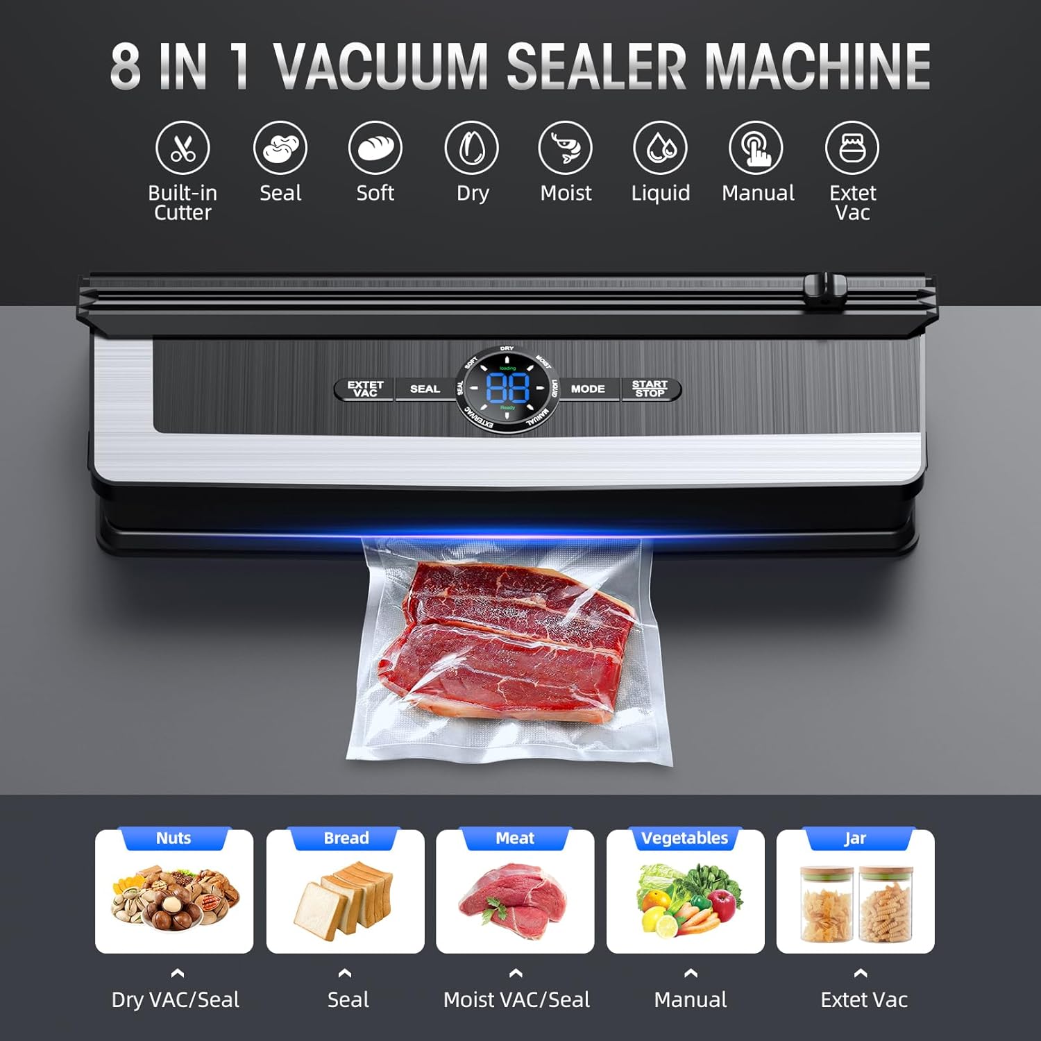 Máquina selladora al vacío – Máquina selladora al vacío de alimentos 8 en 1 con cortador integrado, sistema automático de sellado de aire, indicador
