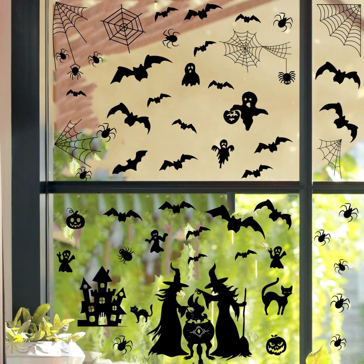 Calcomanías de pared de bruja de Halloween, calcomanía de pared de casa embrujada de Halloween, calcomanía de pared de murciélagos y luna,