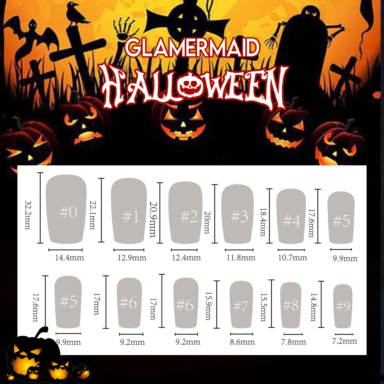 GLAMERMAID Uñas postizas cuadradas cortas a presión para Halloween, uñas postizas de calavera negra con diseño de huesos, uñas adhesivas medianas