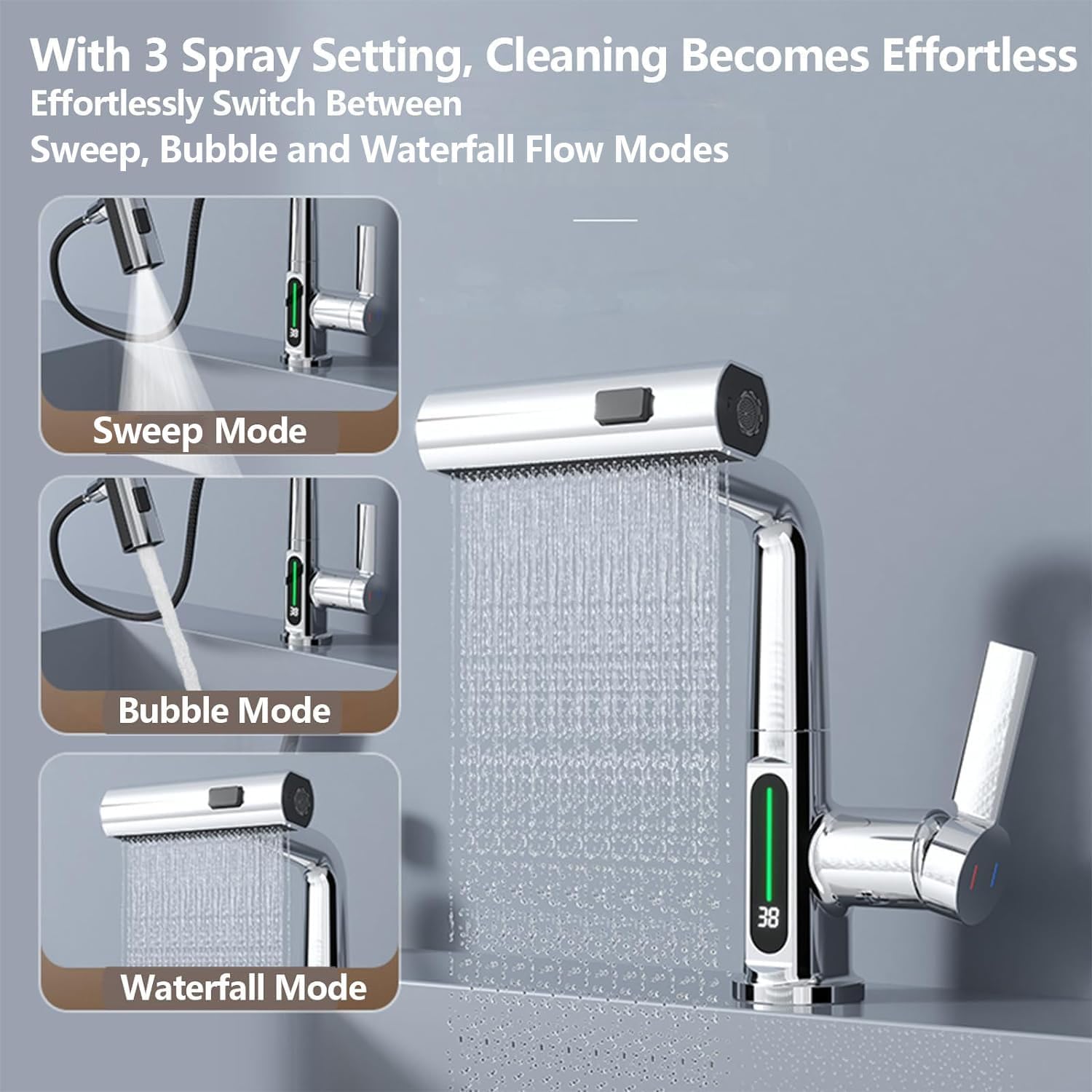 BARROCK Grifos de baño en cascada con rociador extraíble, moderno grifo de fregadero de baño extraíble con pantalla digital de temperatura, grifo