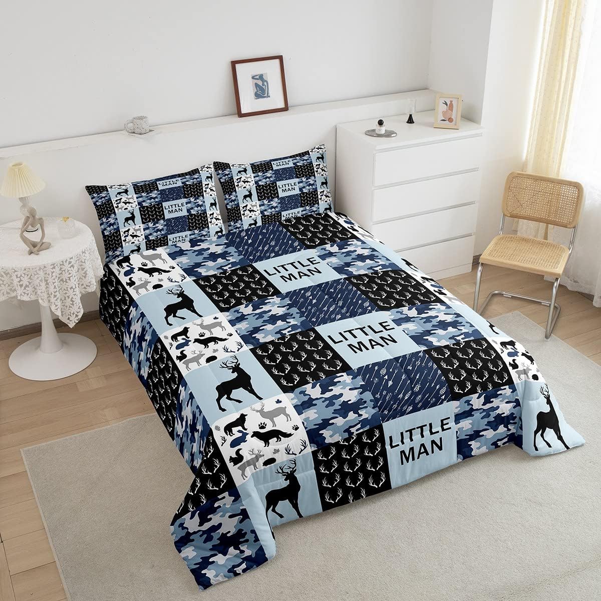 Manfei Juego de edredón de camuflaje con cuernos de ciervo tamaño matrimonial, ropa de cama de retazos geométricos de 3 piezas para decoración de