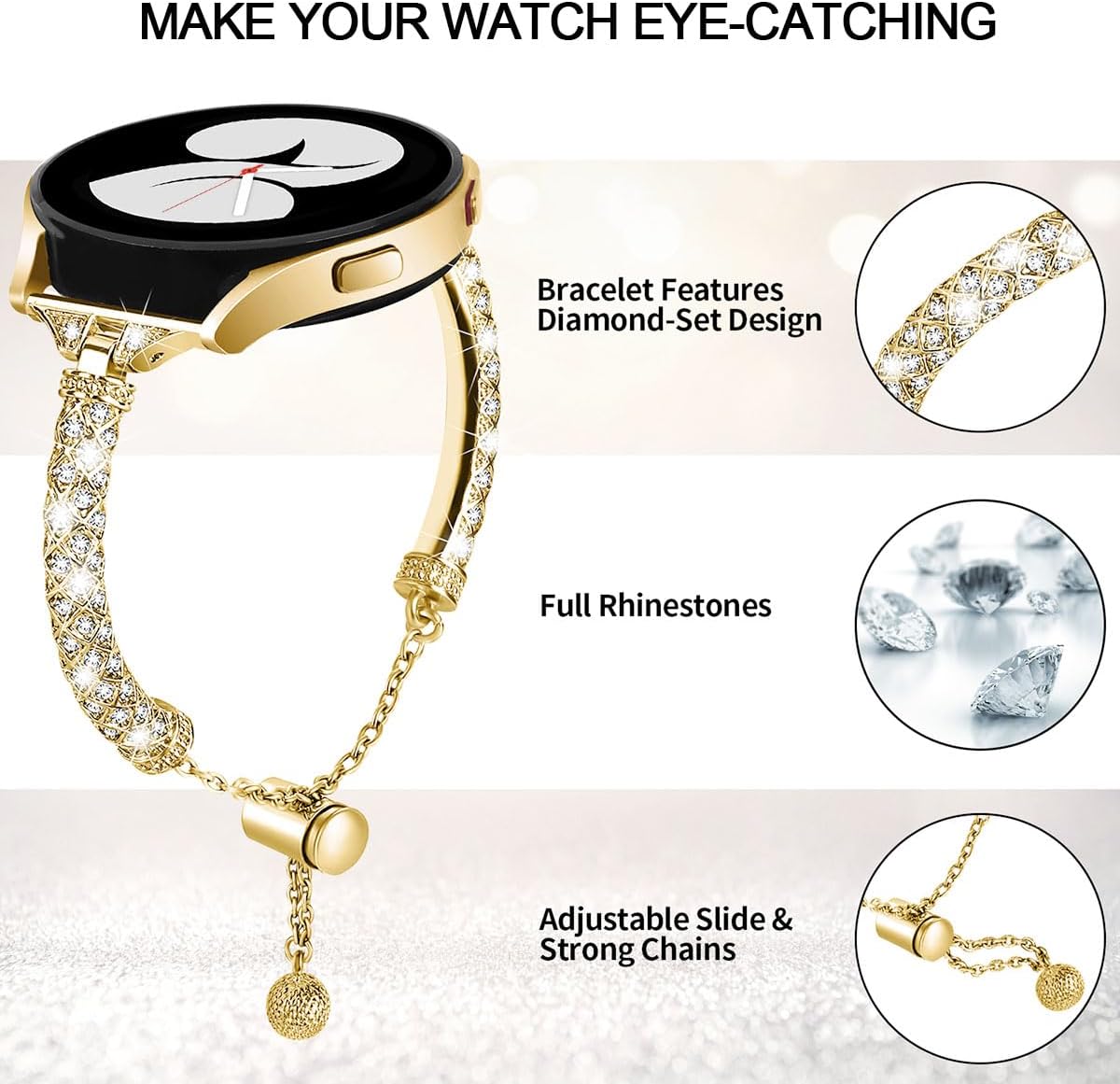 Bandas compatibles con Samsung Galaxy Watch 66 Classic  55 Pro  44 Classic  3 1.614 in  Active 2, pulsera de repuesto de metal con diamantes