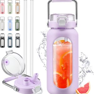 HYDRAGLAZIC Botella de agua de vidrio de 64 onzas, botella de agua potable de vidrio con popote y mango de acero inoxidable, botella de agua HYDRAGLAZIC Botella de agua de vidrio de 64 onzas, botella de agua potable de vidrio con popote y mango de acero inoxidable, botella de agua