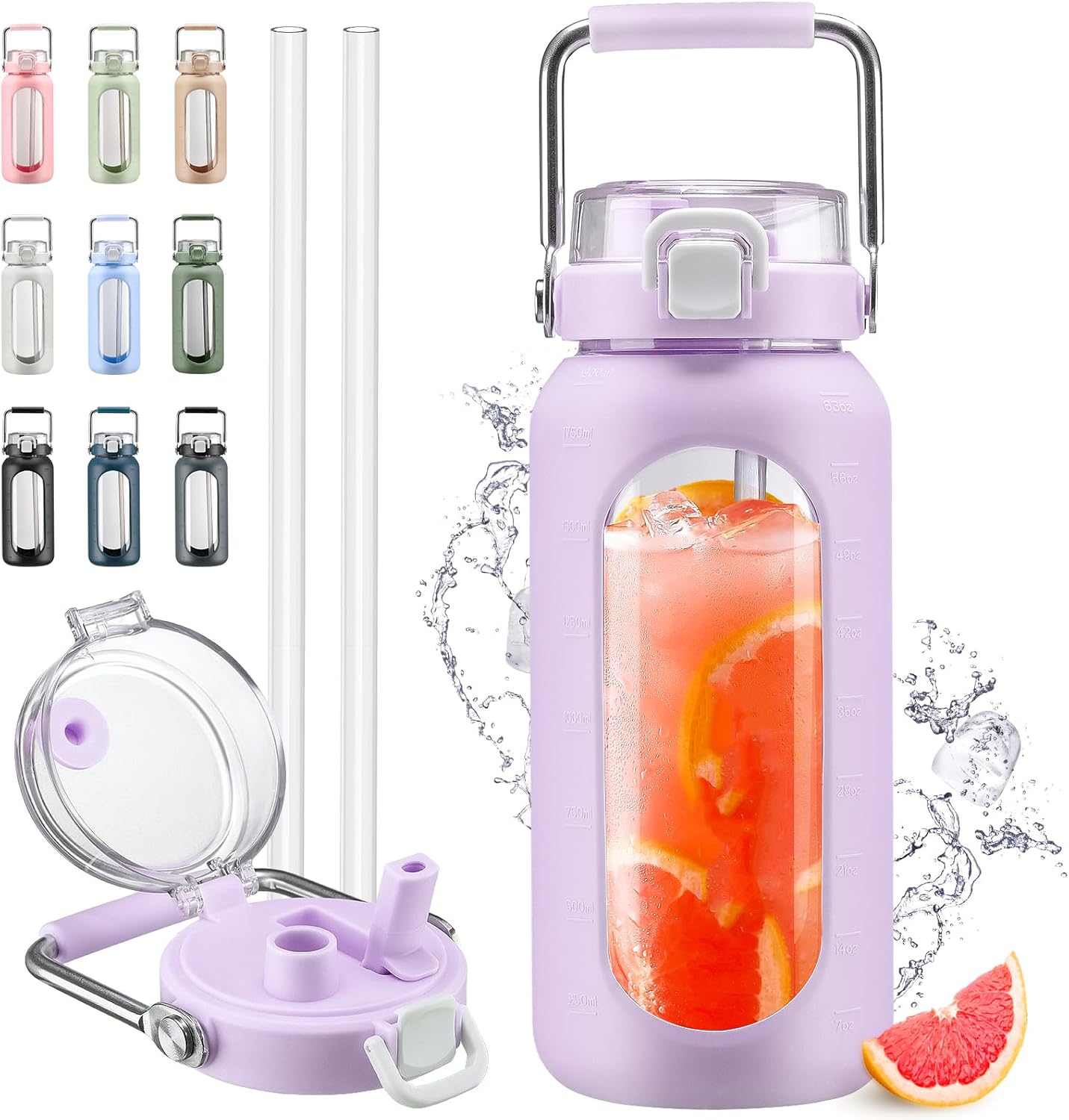 HYDRAGLAZIC Botella de agua de vidrio de 64 onzas, botella de agua potable de vidrio con popote y mango de acero inoxidable, botella de agua