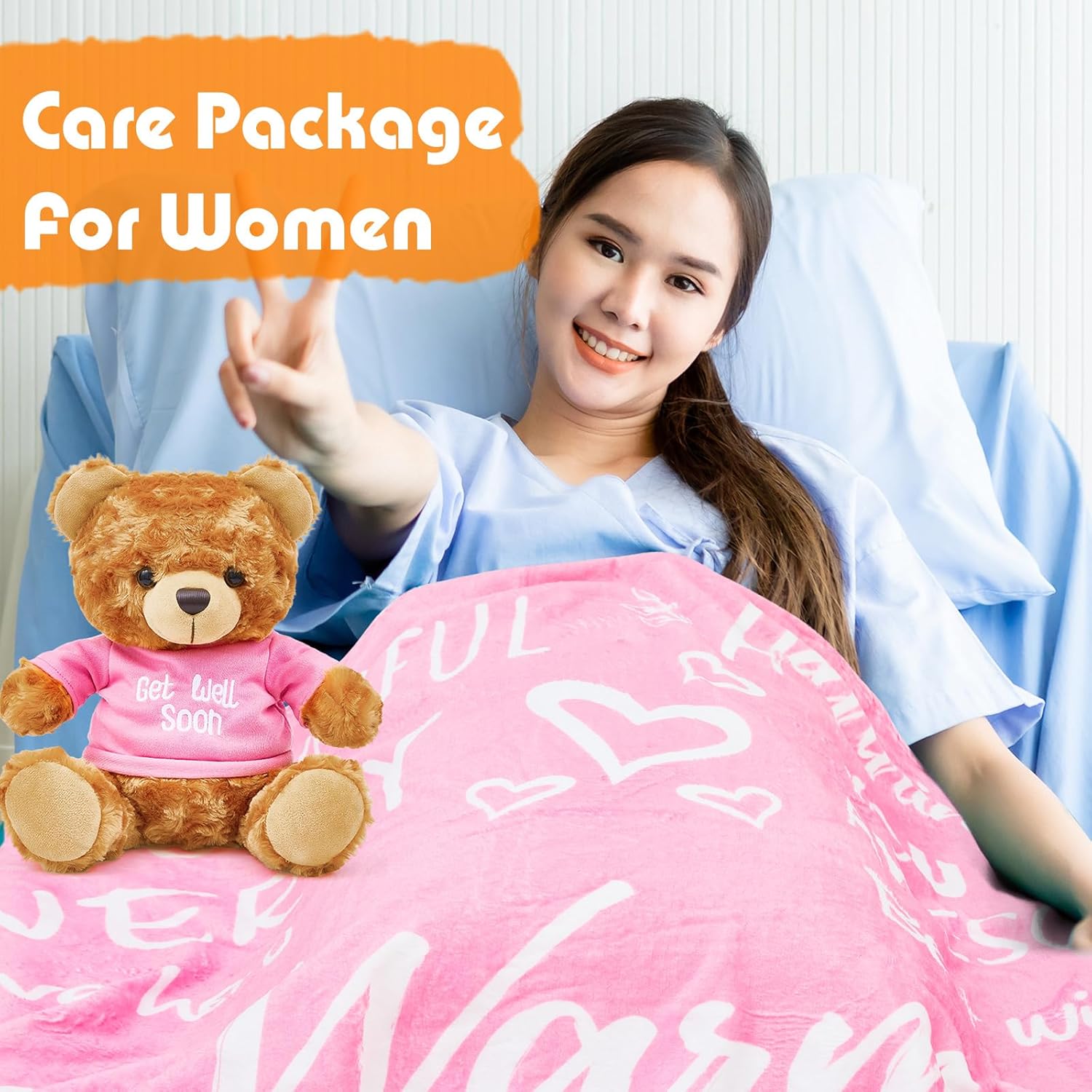 Liliful 4 piezas de regalos para mujeres después de la cirugía, juguetes de oso de peluche Get Well Throw Blanket Get Well Bolsa de regalo, tarjeta