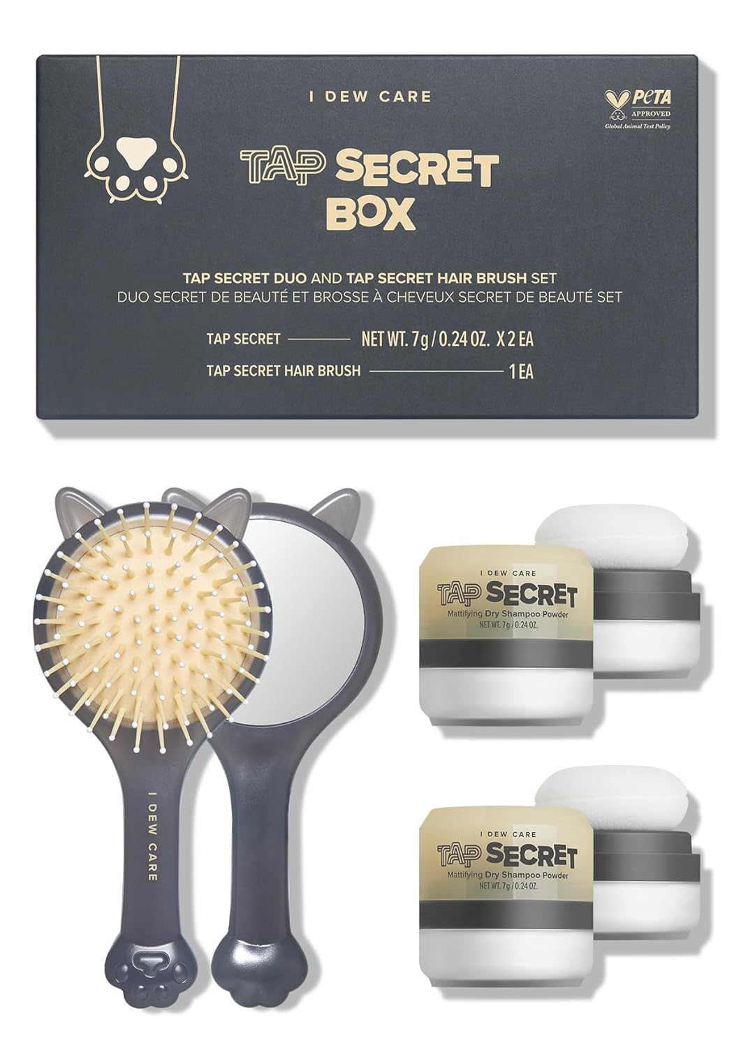 I DEW CARE – Juego de champú seco y cepillo para el cabello – Tap Secret Box  Cabello de aspecto más completo, sin aerosol, sin benceno, cepillo