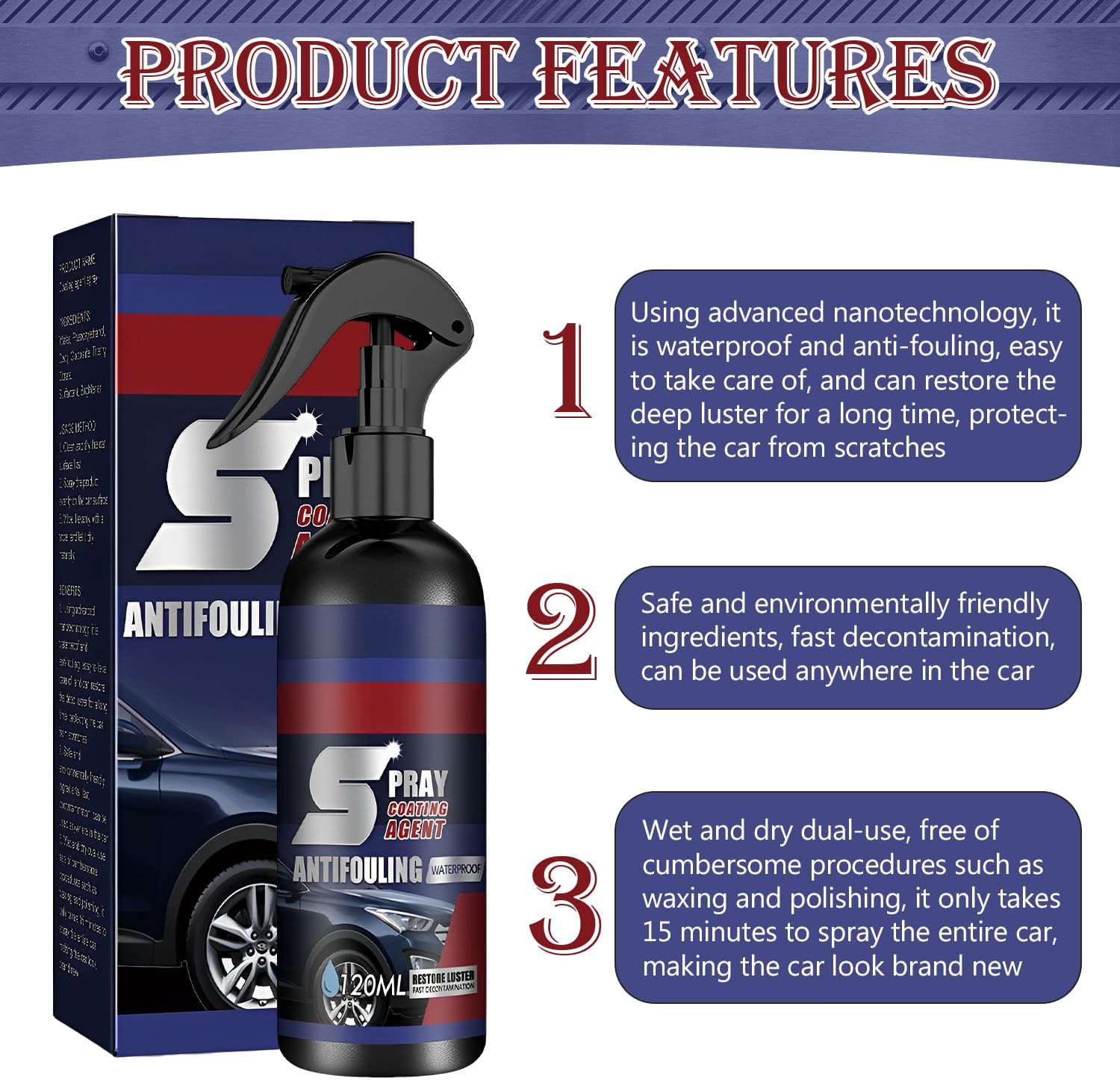3 en 1 Spray de recubrimiento rápido de coche de alta protección, agente de renovación de revestimiento multifuncional, aerosol de agente de