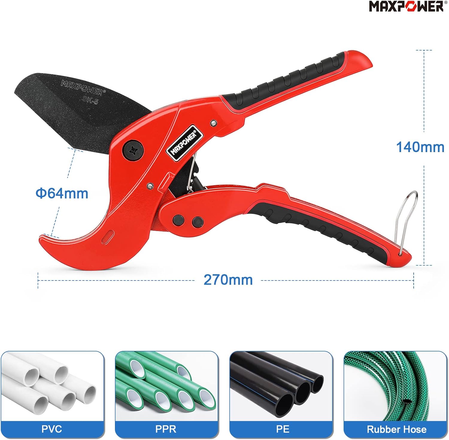 MAXPOWER PVC Pipe Cutter, Cuts Up to 2 12″, Ratcheting PVC Cutter with SK5 Blades, Ratchet Pipe Cutter Tool for PVC, PE, PEX, PPR and Rubber Hose