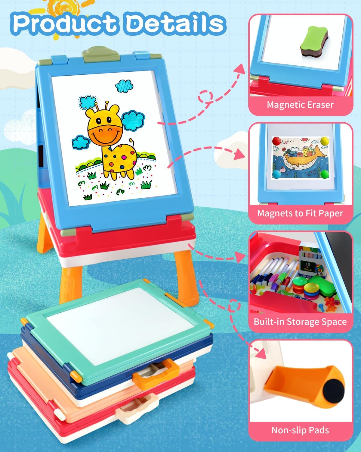 Caballete para niños, caballete de arte de doble cara 4 en 1 con pizarra y pizarra blanca magnética, caballete de mesa plegable para niños con