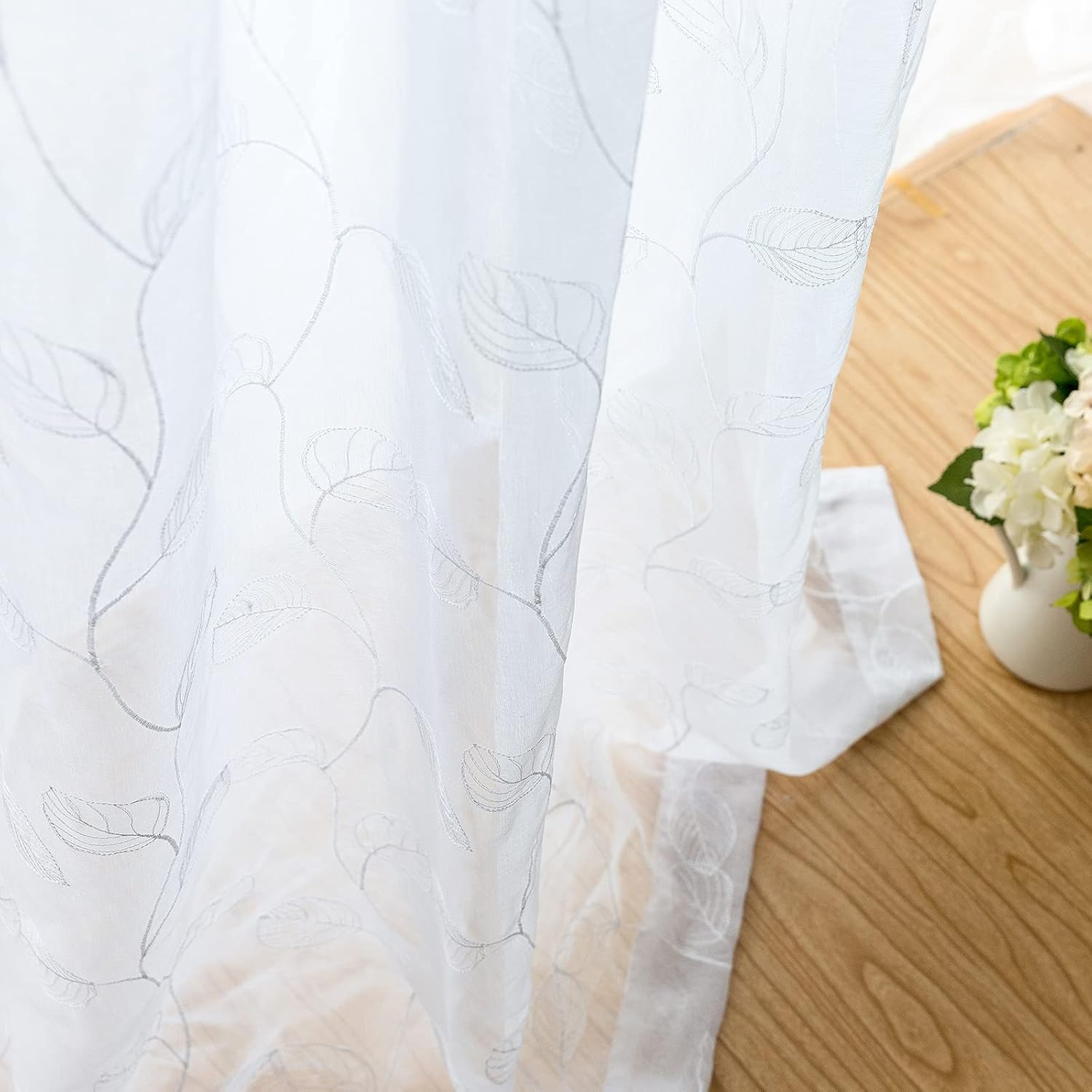 Lazzzy  Cortinas traslúcidas con hojas bordadas (2 piezas)