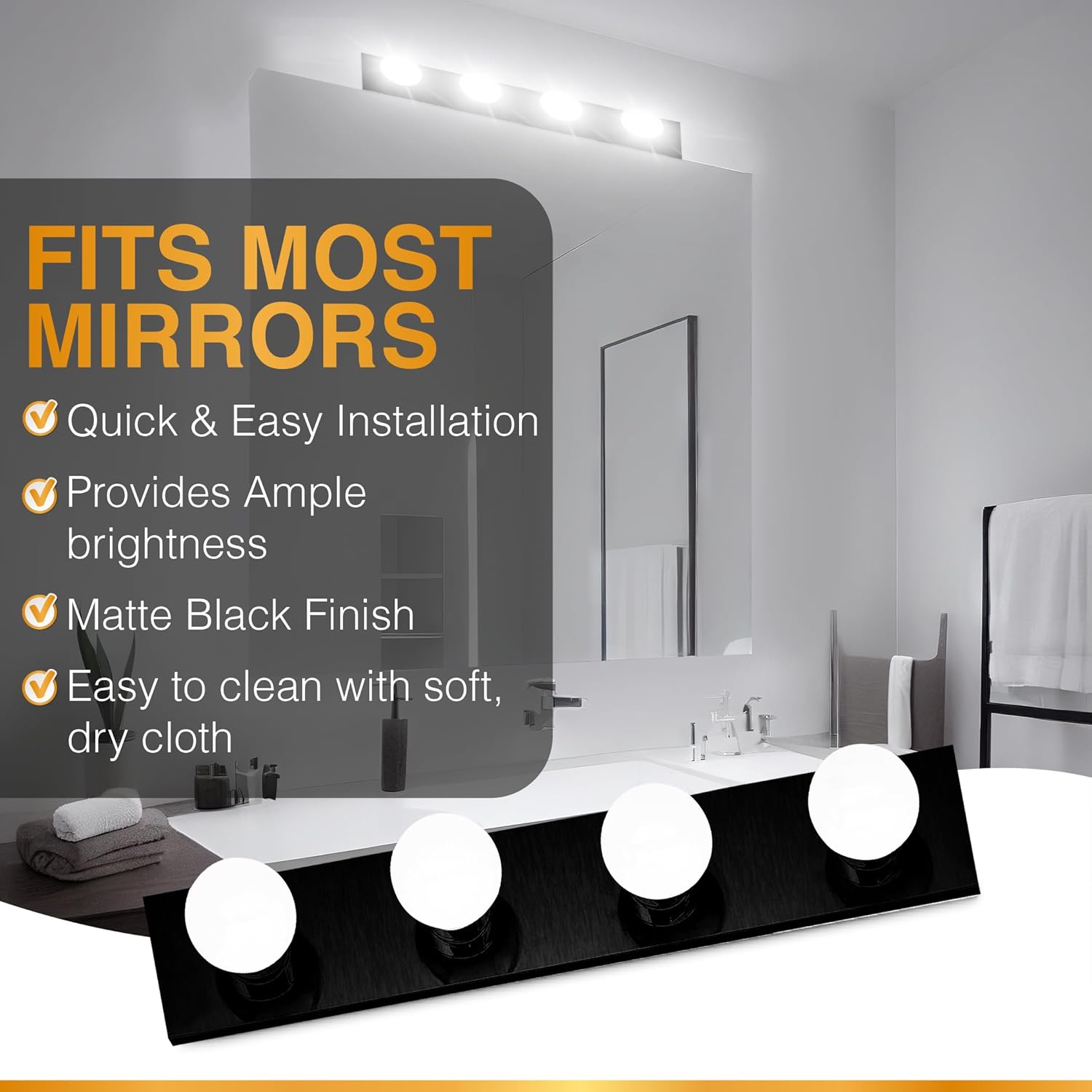 DYSMIO Tira de tocador de cuatro luces, accesorio de espejo estilo Hollywood con placas negras, accesorios de grado de salón para dormitorio, baño,