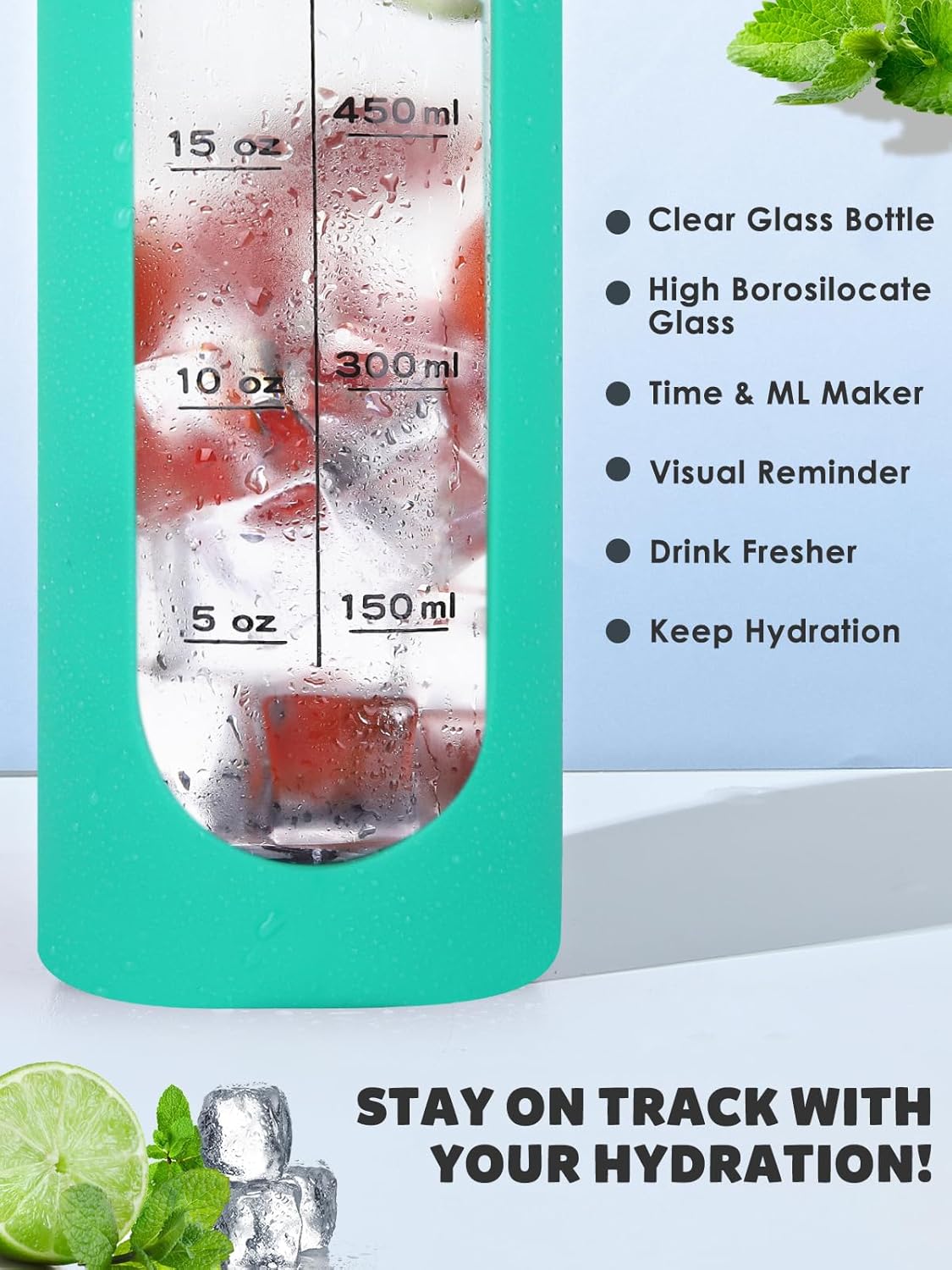 Botellas de agua de vidrio de 32 onzas con funda de silicona, botellas de hidratación para beber, reutilizables, sin BPA, borosilicato, boca ancha,