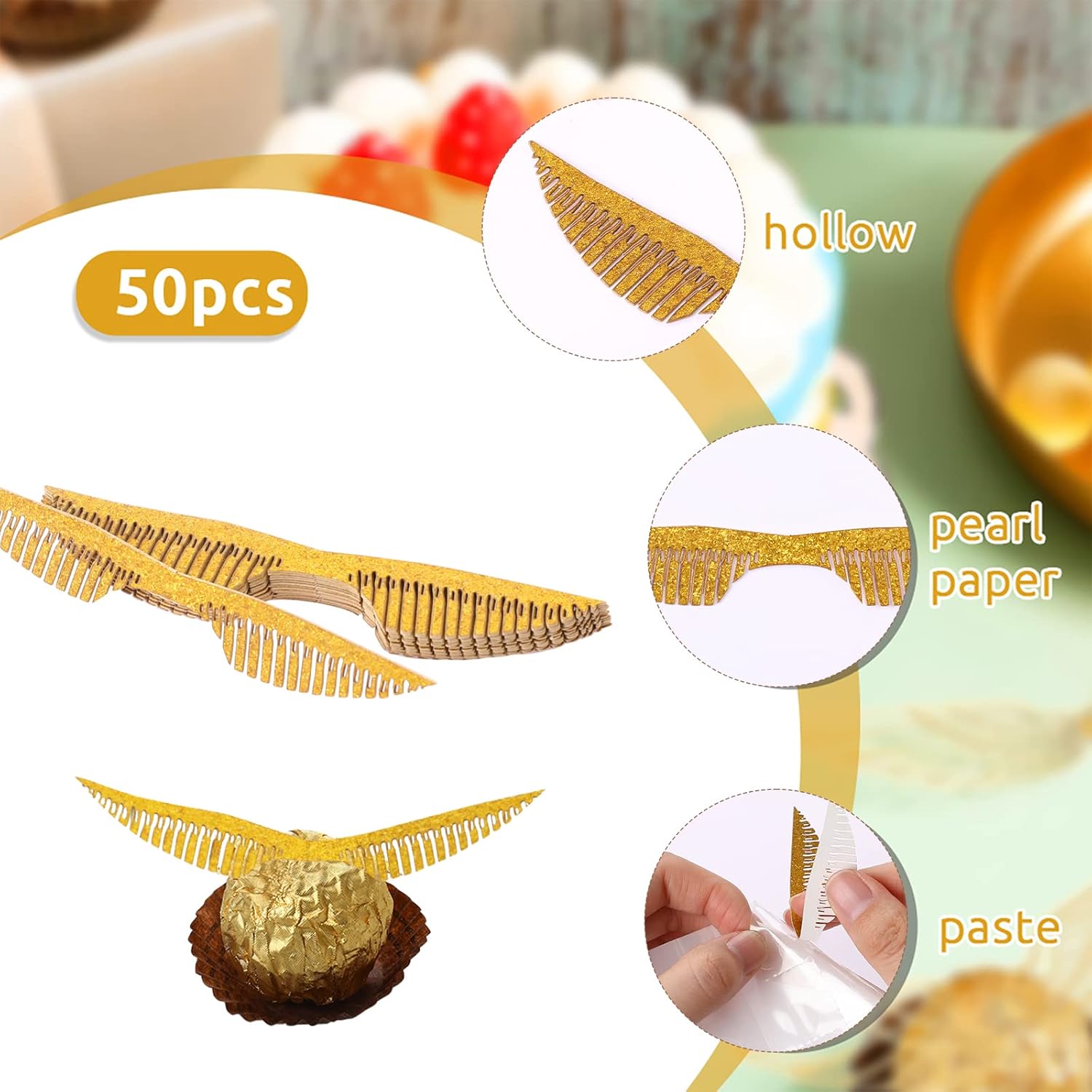 50 alas doradas de snitch para fiesta de mago, decoración de cupcakes, alas de Snitch Wings Wafer Cupcake Toppers con 50 puntos de pegamento,