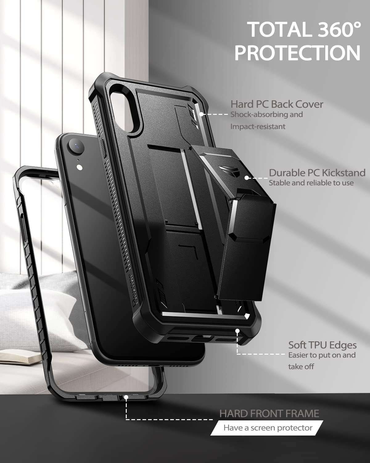 Dexnor Funda para iPhone XR, Protector de pantalla y soporte integrados Protección de grado militar resistente a prueba de golpes para iPhone XR,