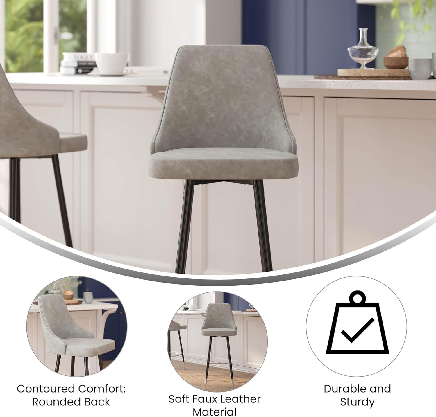 Flash Furniture Shelly – Juego de 2 taburetes de bar comerciales de altura de bar, tapicería LeatherSoft gris, marcos de metal negro, 30 pulgadas de