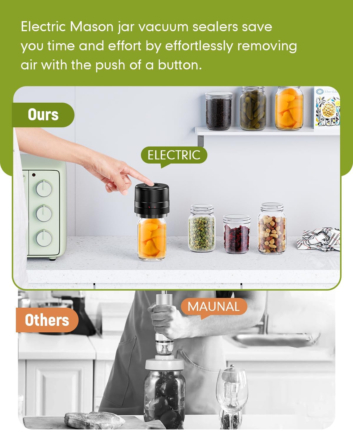 Kit de sellado al vacío eléctrico de tarros Mason – Sellador al vacío inalámbrico todo en uno para tarros Mason de boca regular y boca ancha con