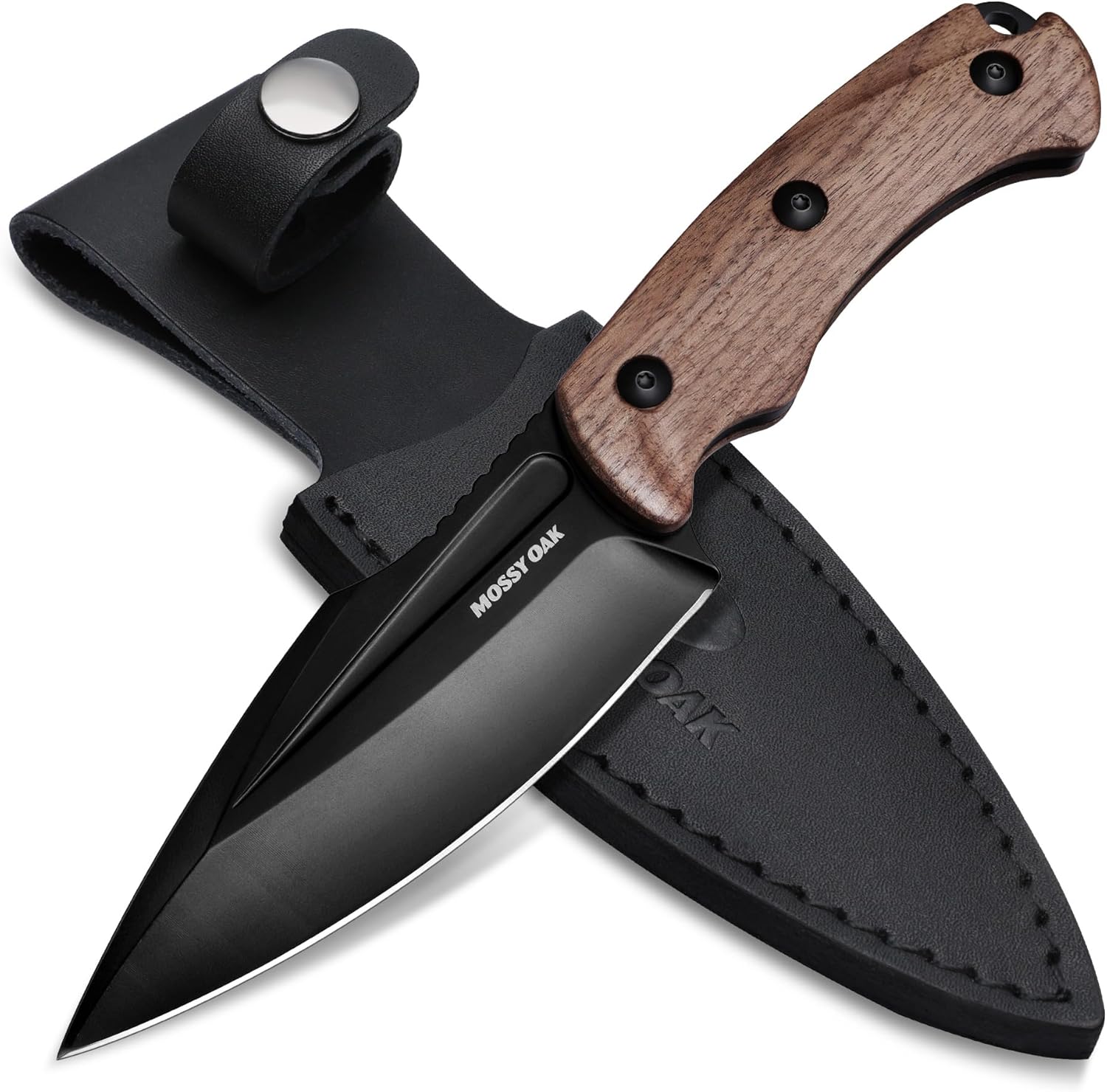 Mossy Oak Cuchillo de hoja fija de 8.5″ con funda de cuero-mango de madera
