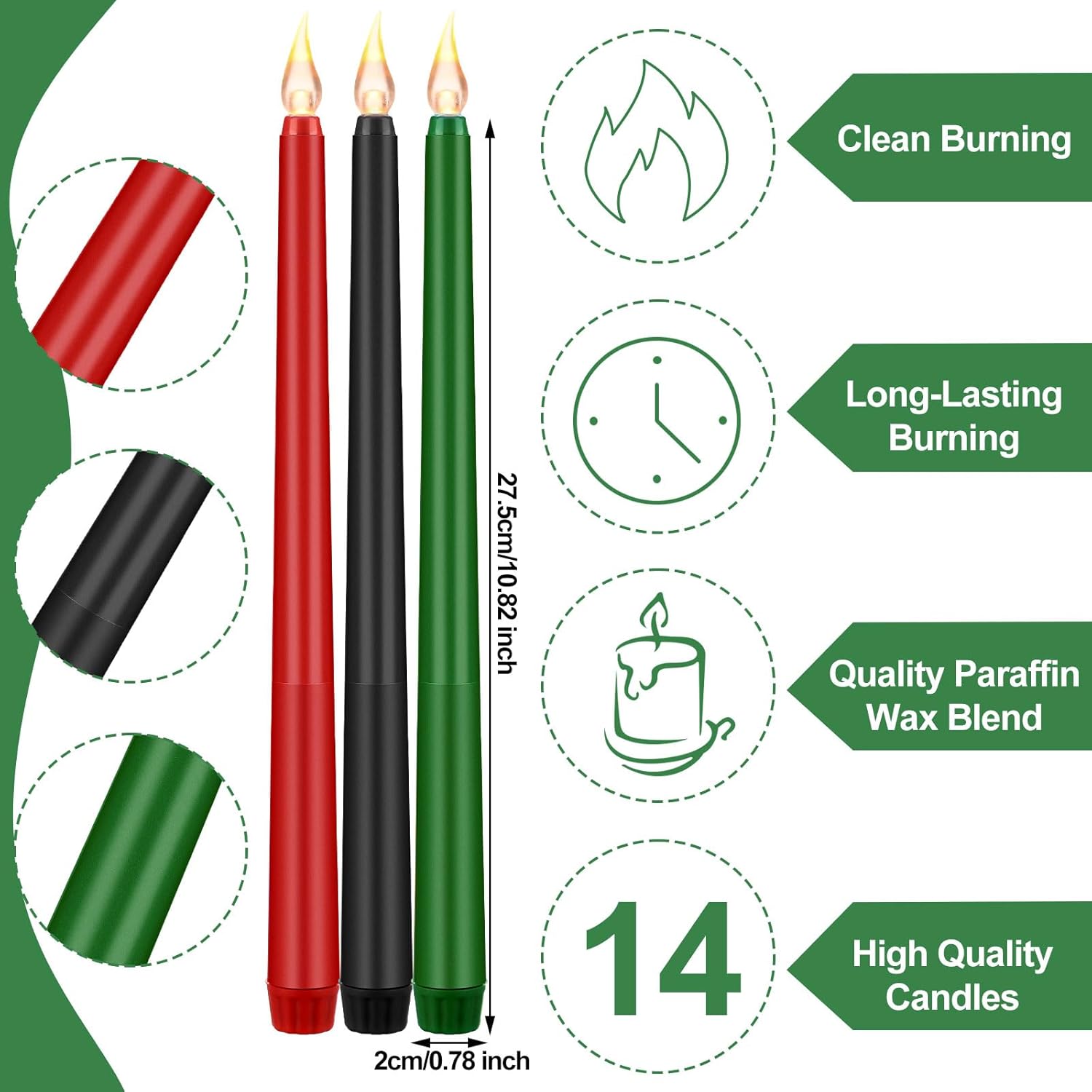 7 velas LED Kwanzaa Mishumaa Saba verde, rojo y negro, velas cónicas para decoración de iglesia