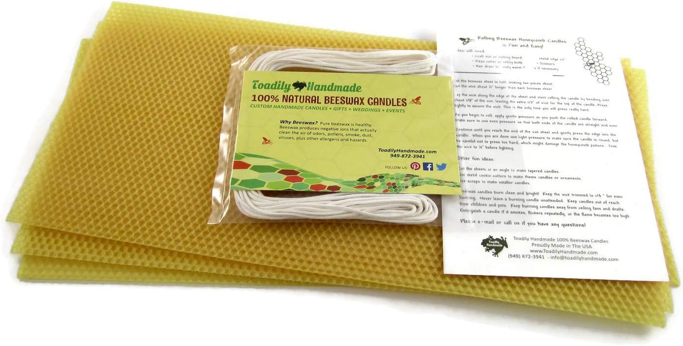 3 hojas de panal de cera de abeja 100% de tamaño completo en natural y aproximadamente 6 yardas (18 pies) de mecha de algodón. Haz tu propio kit de
