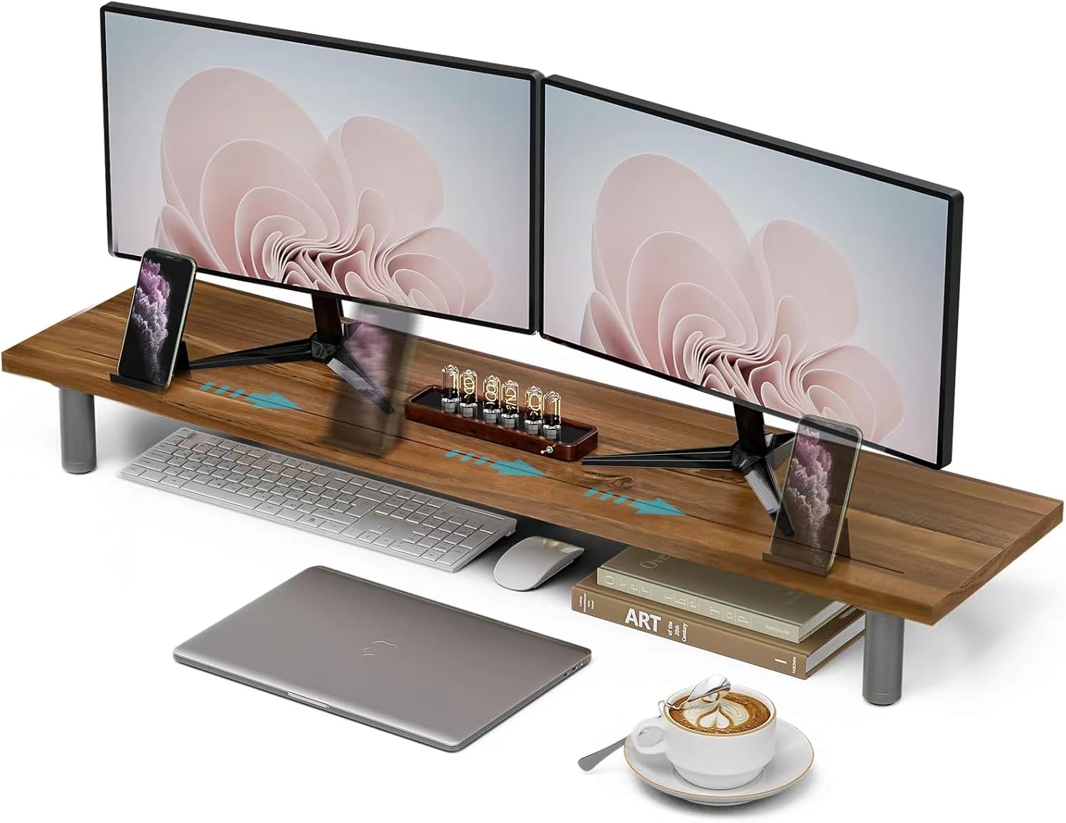 Frylr Elevador grande de doble monitor, madera dura hecha a mano de primera calidad, soporte de monitor de computadora de madera de altura ajustable