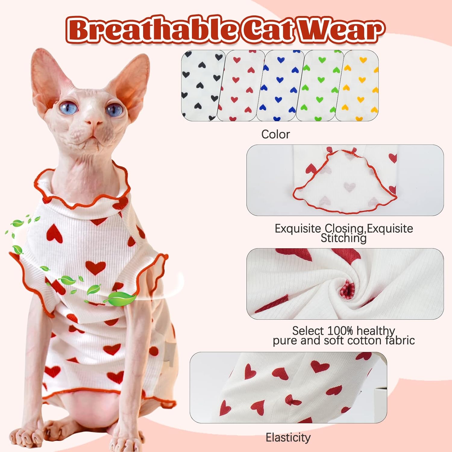 DENTRUN Camisa de gatos sin pelo de Sphynx con patrón de corazón, camisetas de gatito con mangas Perlin, transpirable, lindo suéter adorable sin