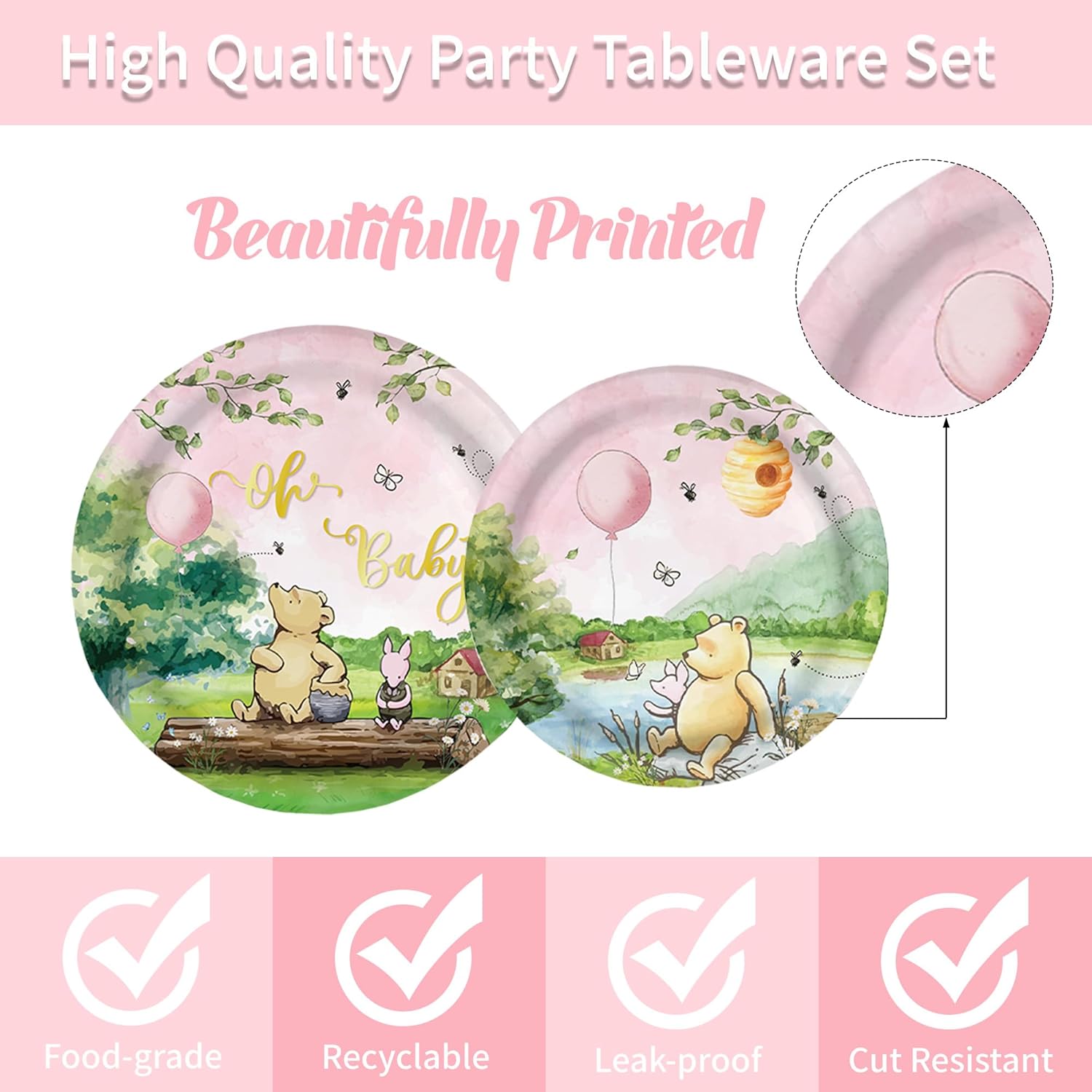 120 piezas de decoración de baby shower, platos Pooh para niñas, suministros para fiesta de cumpleaños, tazas de oso vintage, juego de vajilla de